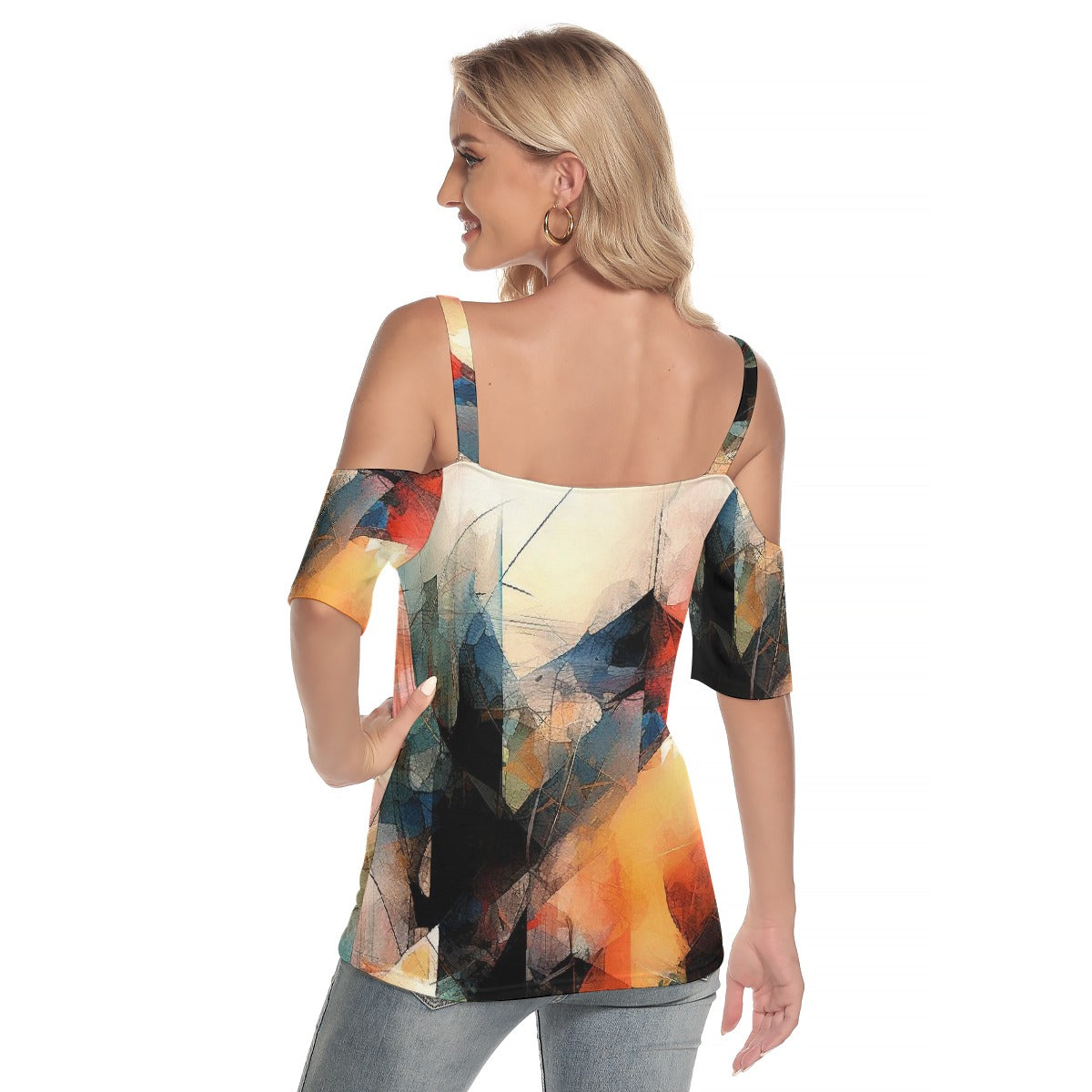 All-Over Print Women's Cold Shoulder T-shirt With Criss Cross Strips