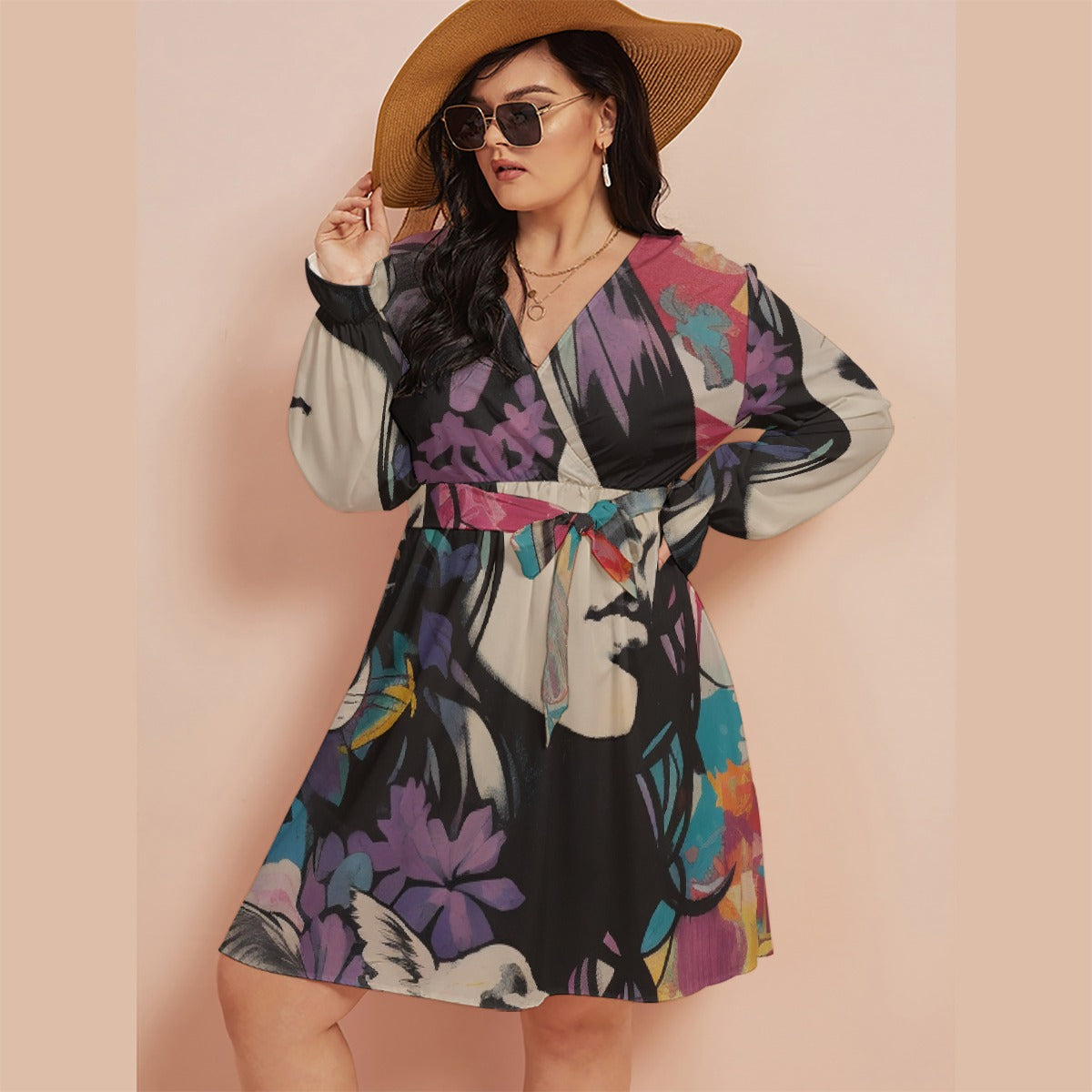 All-Over Print Women's V-neck Dress With Waistband(Plus Size)