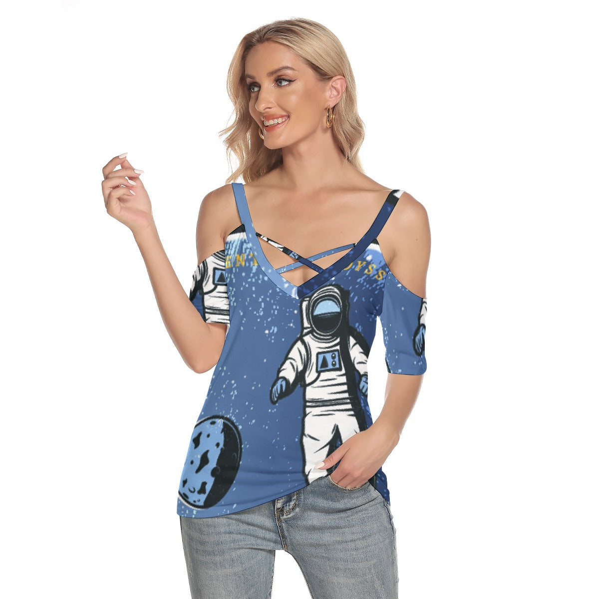 All-Over Print Women's Cold Shoulder T-shirt With Criss Cross Strips