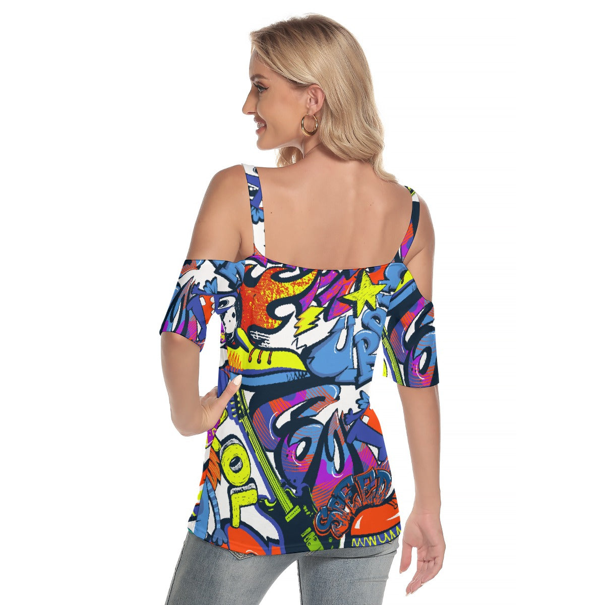 All-Over Print Women's Cold Shoulder T-shirt With Criss Cross Strips