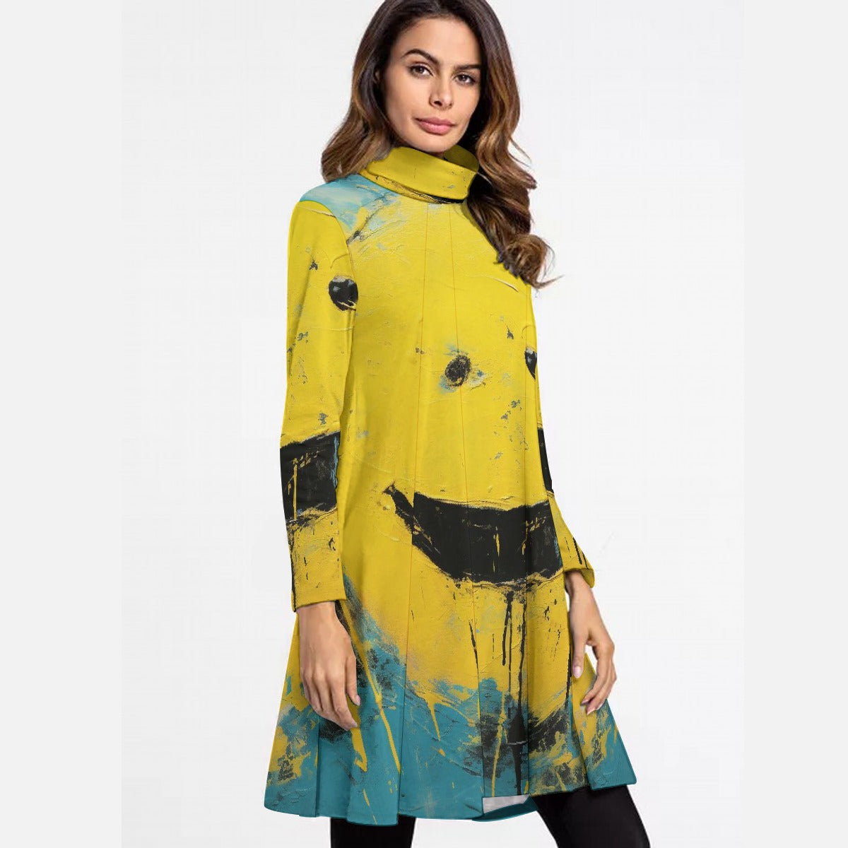 All-Over Print Women's High Neck Dress With Long Sleeve