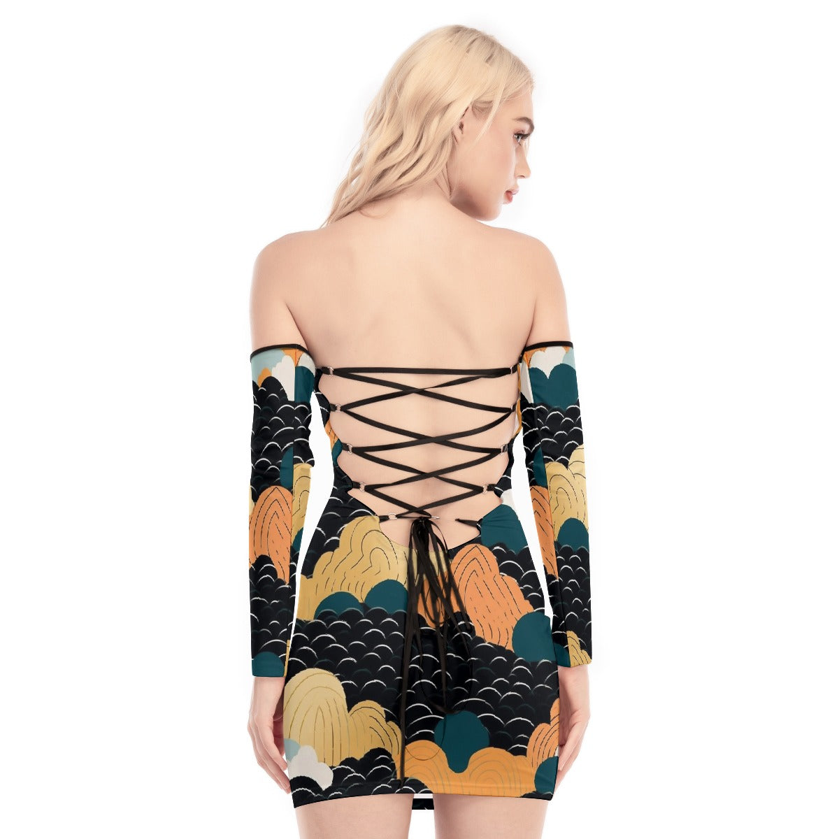 All-Over Print Women's Off-shoulder Back Lace-up Dress