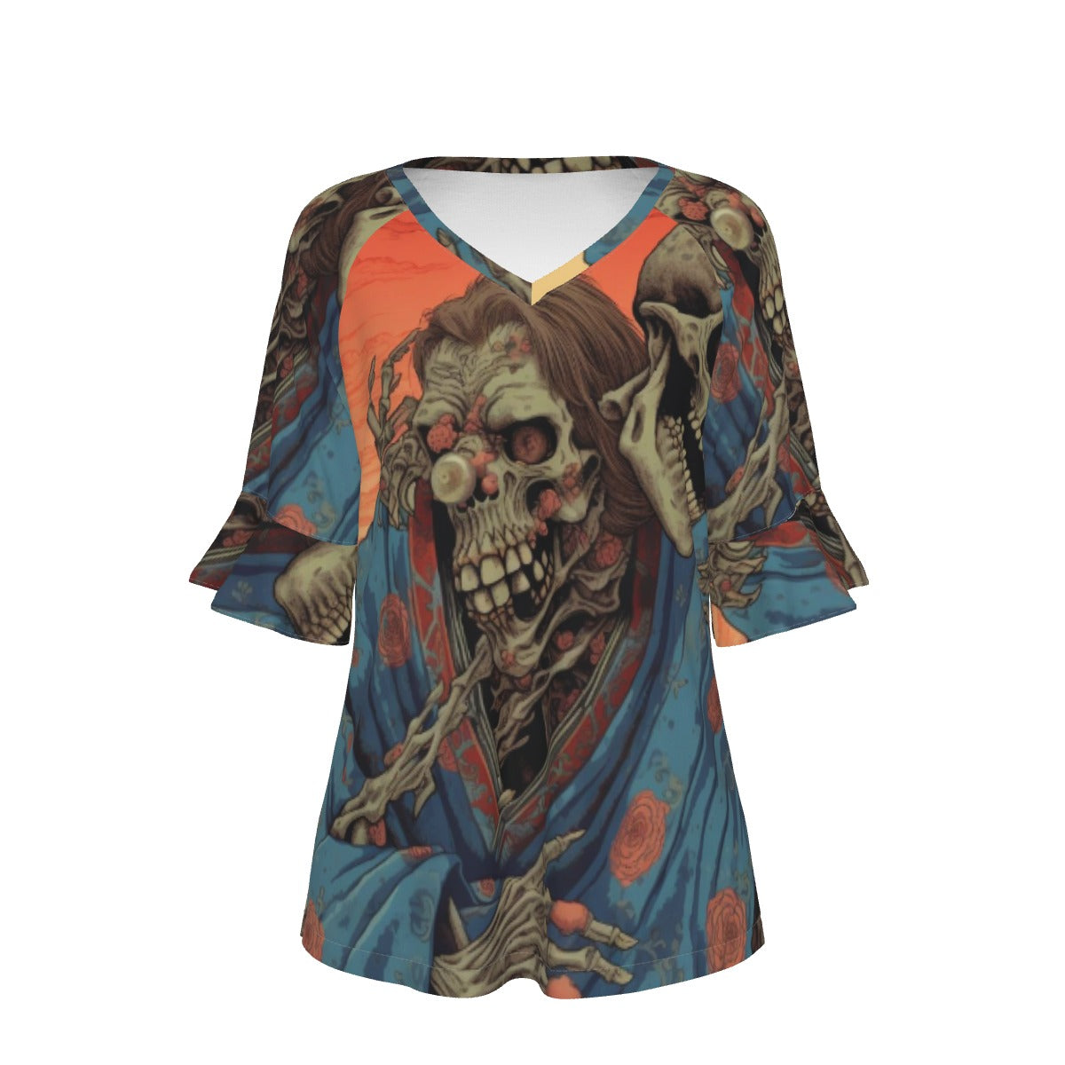 All-Over Print V-neck Women's T-shirt With Bell Sleeve