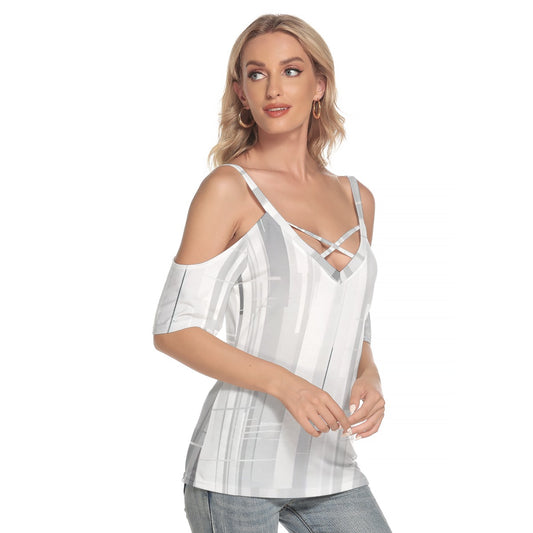 All-Over Print Women's Cold Shoulder T-shirt With Criss Cross Strips