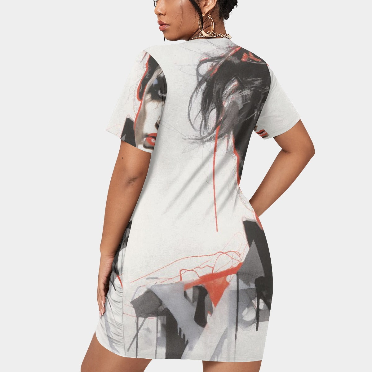 All-Over Print Women’s Stacked Hem Dress With Short Sleeve（Plus Size）