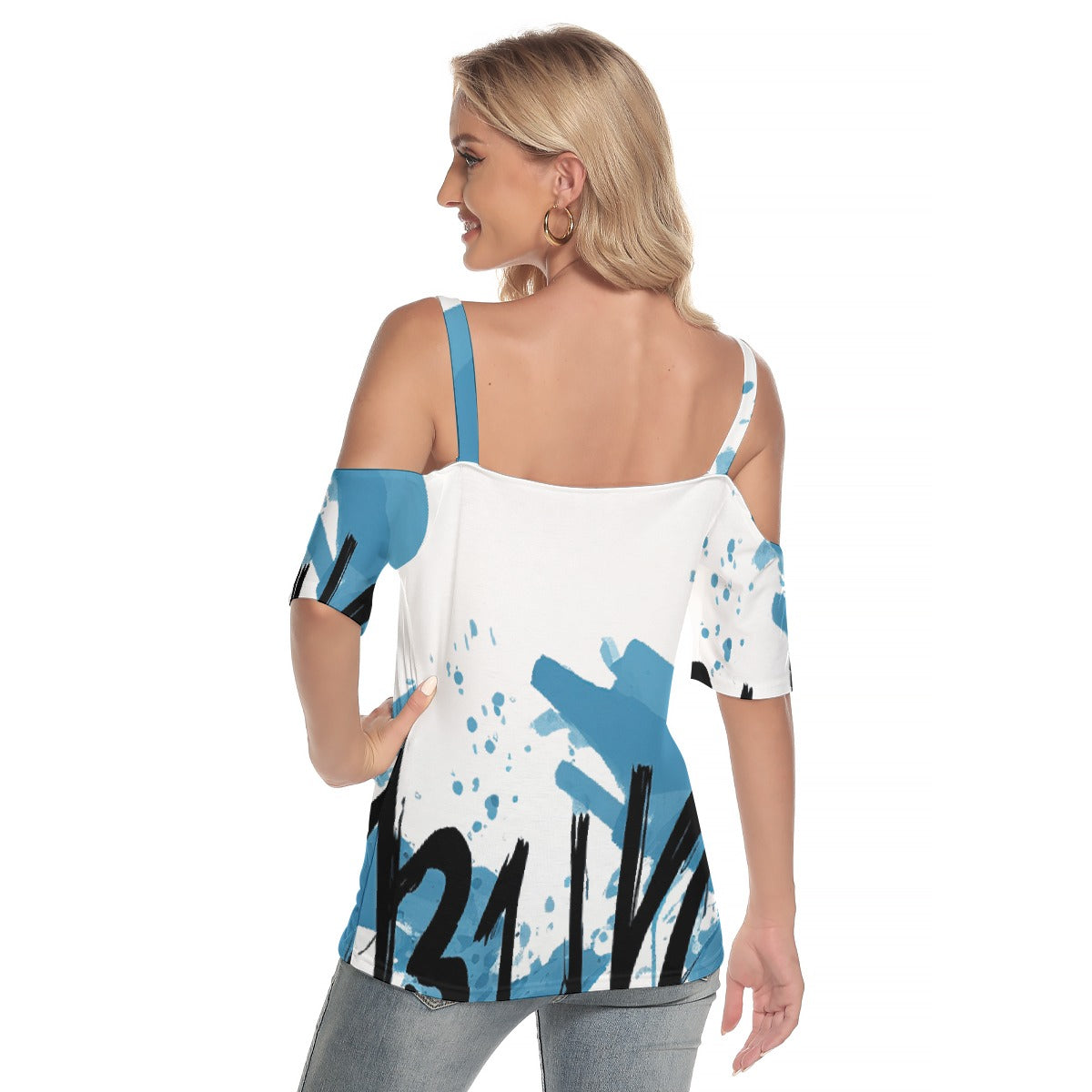 All-Over Print Women's Cold Shoulder T-shirt With Criss Cross Strips