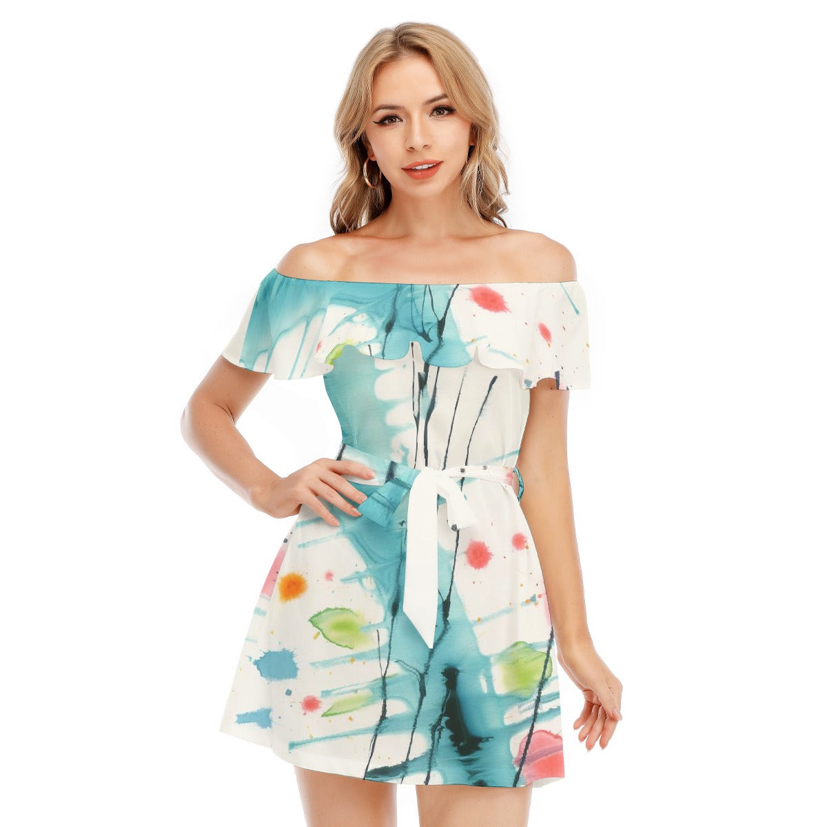 All-Over Print Women's Off-shoulder Dress With Ruffle