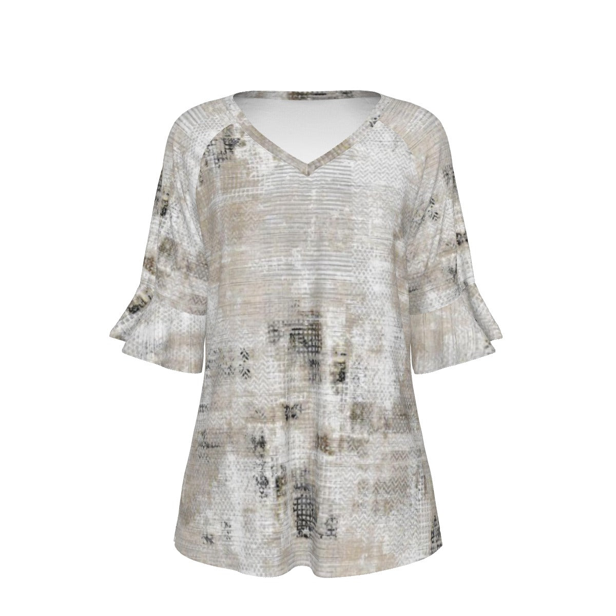 All-Over Print V-neck Women's T-shirt With Bell Sleeve