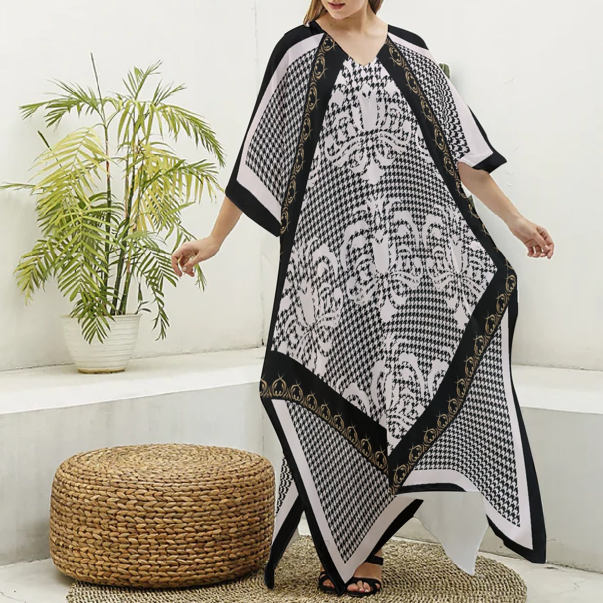 All-Over Print Women's Imitation Silk V-neck Kaftan Robe