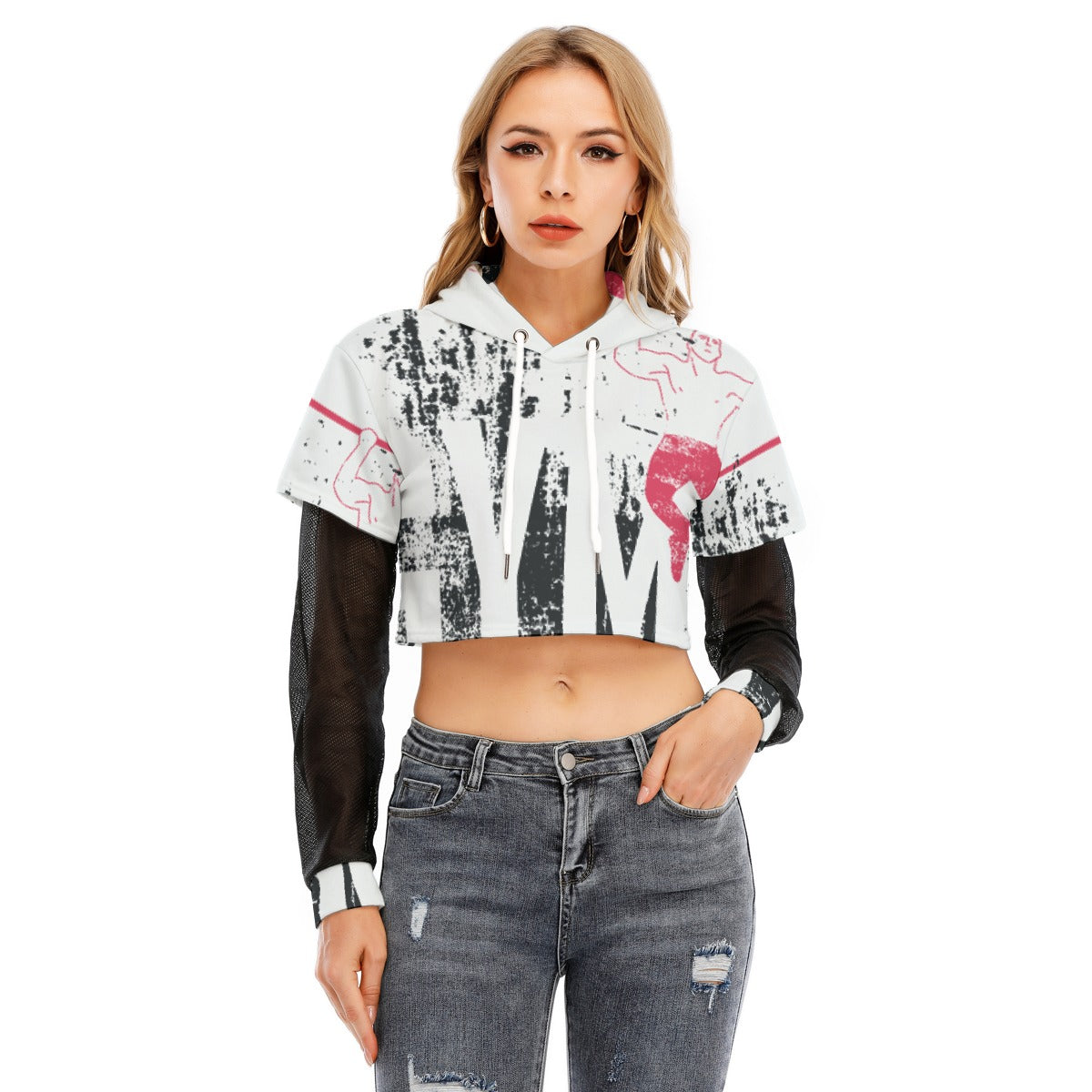 All-Over Print Women's Fake Two-piece Mesh Sleeve Cropped Hoodie