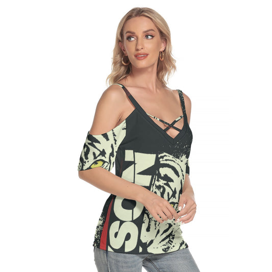 All-Over Print Women's Cold Shoulder T-shirt With Criss Cross Strips