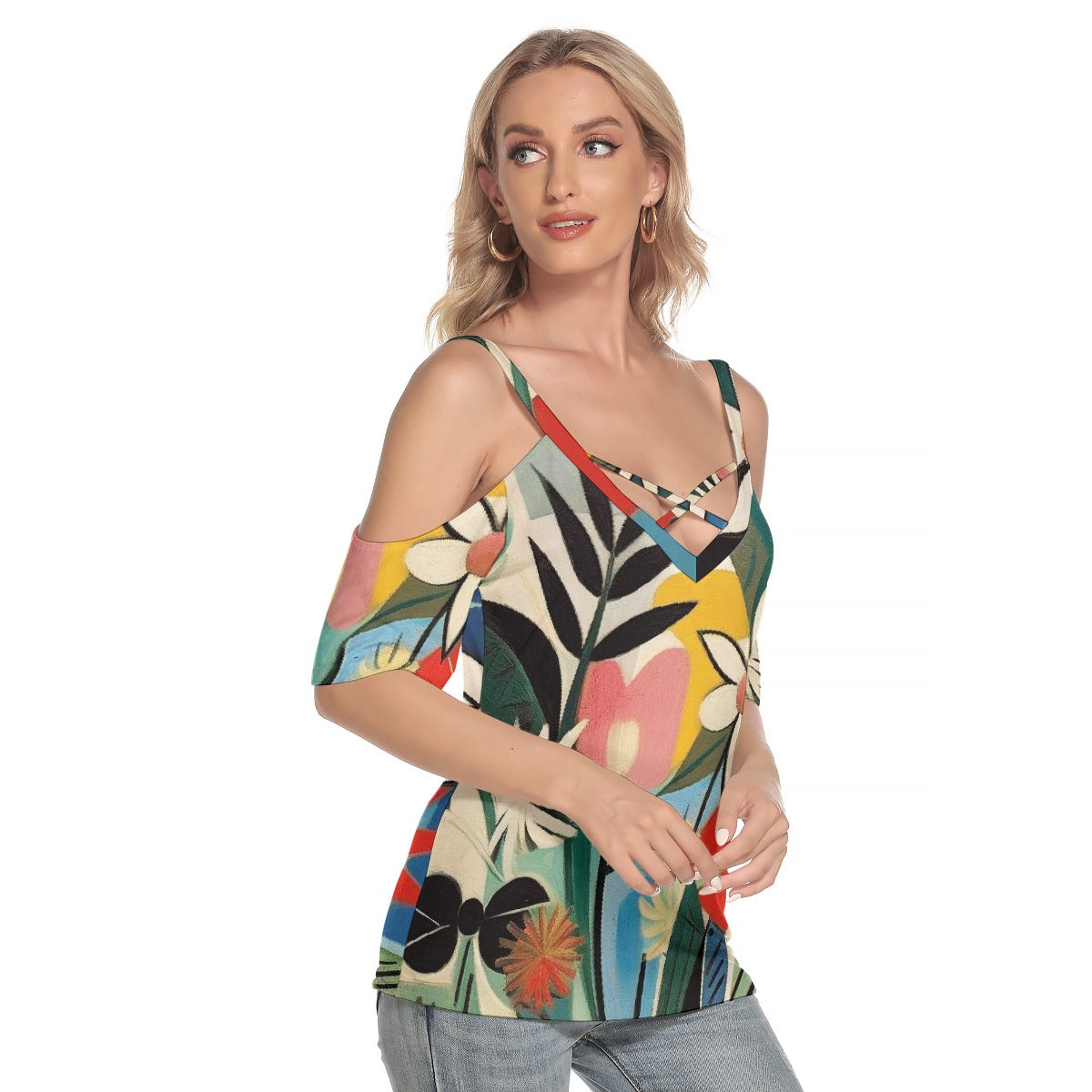 All-Over Print Women's Cold Shoulder T-shirt With Criss Cross Strips