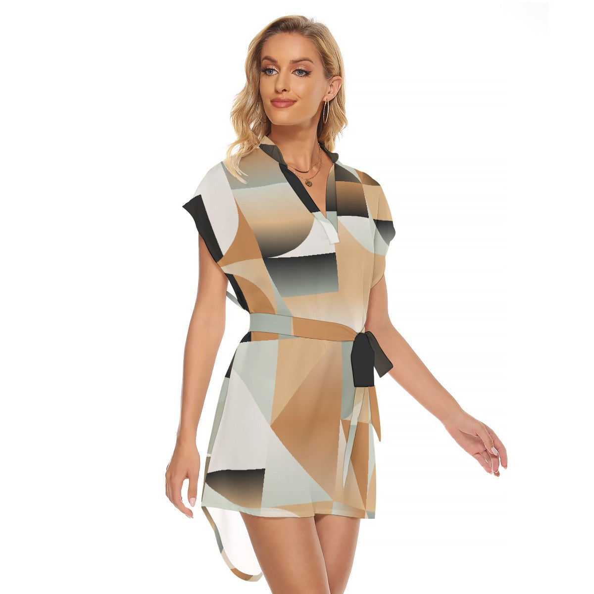 All-Over Print Women's Stand-up Collar Casual Dress With Belt