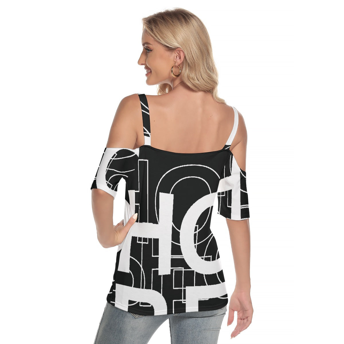 All-Over Print Women's Cold Shoulder T-shirt With Criss Cross Strips