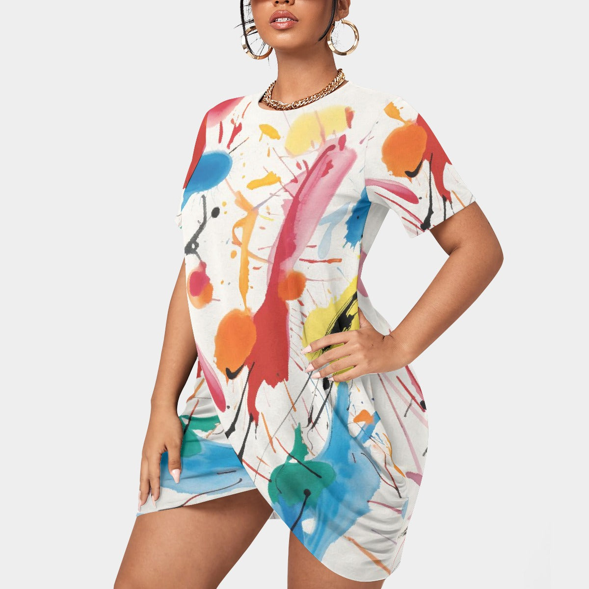 All-Over Print Women’s Stacked Hem Dress With Short Sleeve（Plus Size）