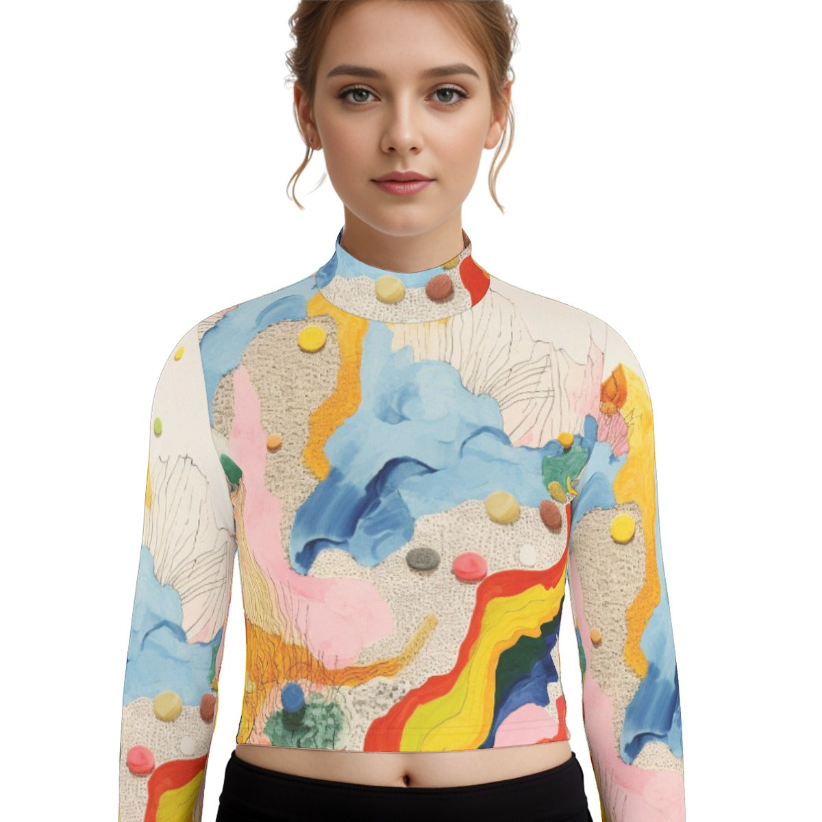 Eco-Friendly All-Over Print Women's Turtleneck T-shirt With Long Sleeve