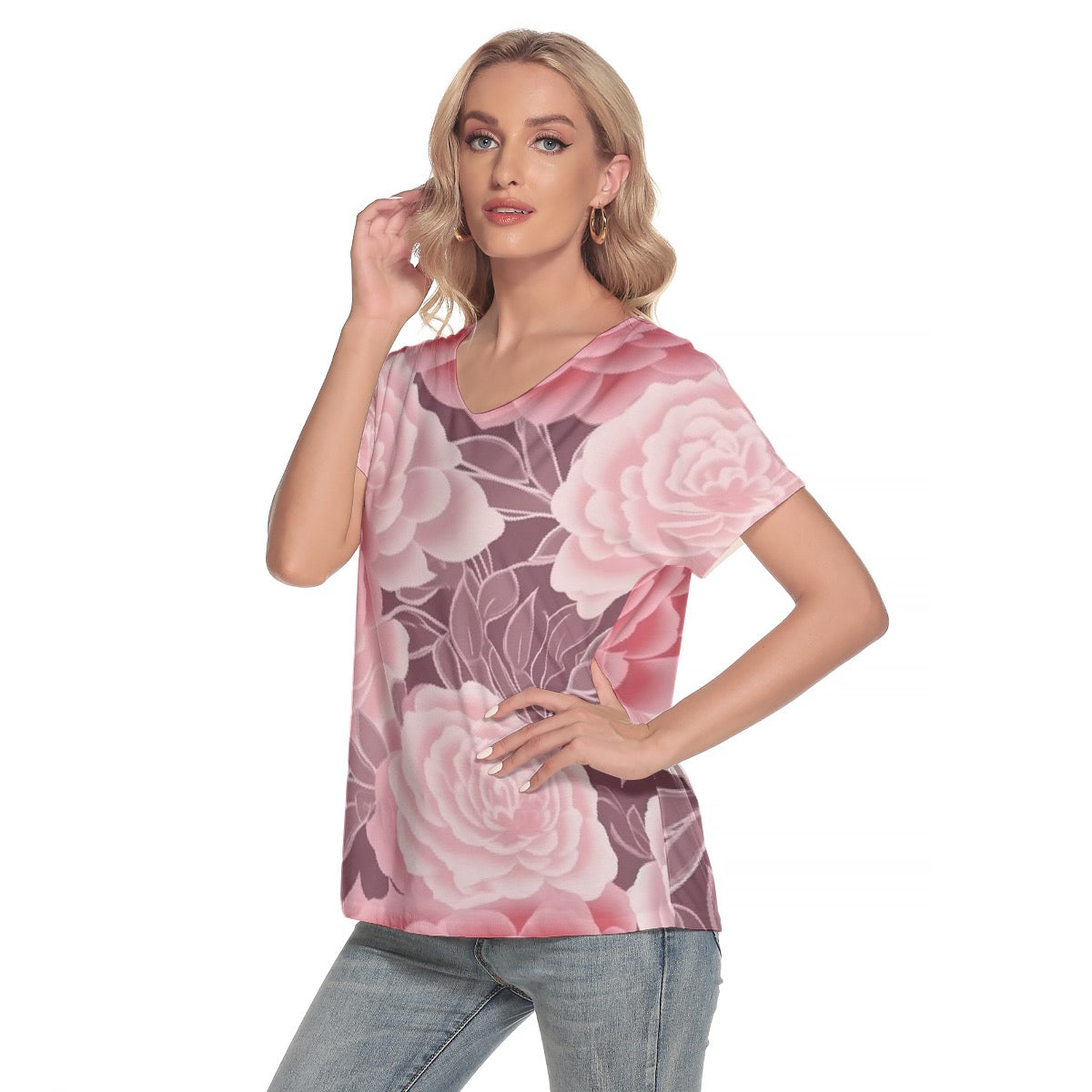 All-Over Print Women's Loose V-neck Short Sleeve T-shirt