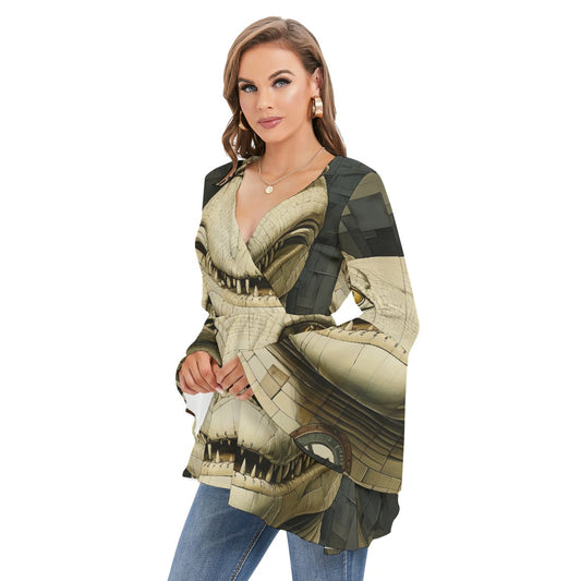 All-Over Print Women's V-neck Blouse With Flared Sleeves