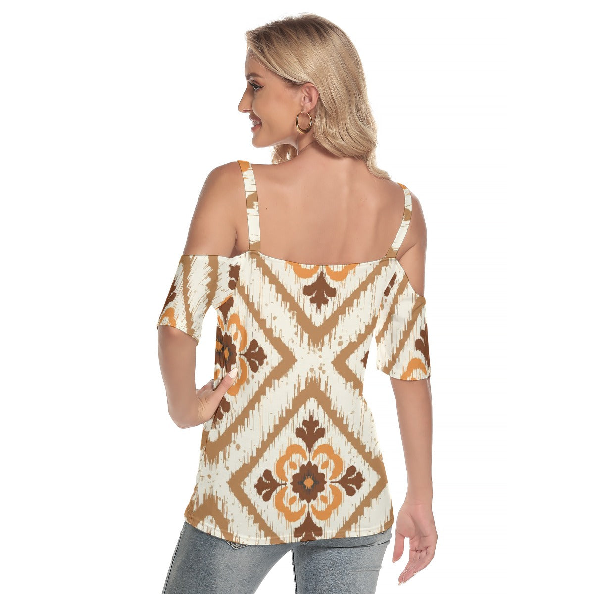 All-Over Print Women's Cold Shoulder T-shirt With Criss Cross Strips