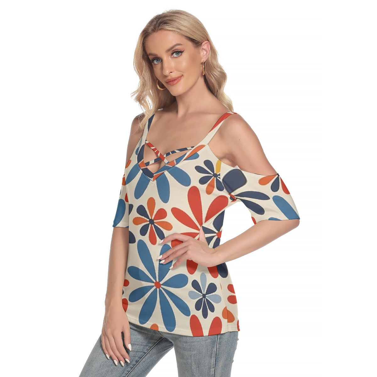 All-Over Print Women's Cold Shoulder T-shirt With Criss Cross Strips