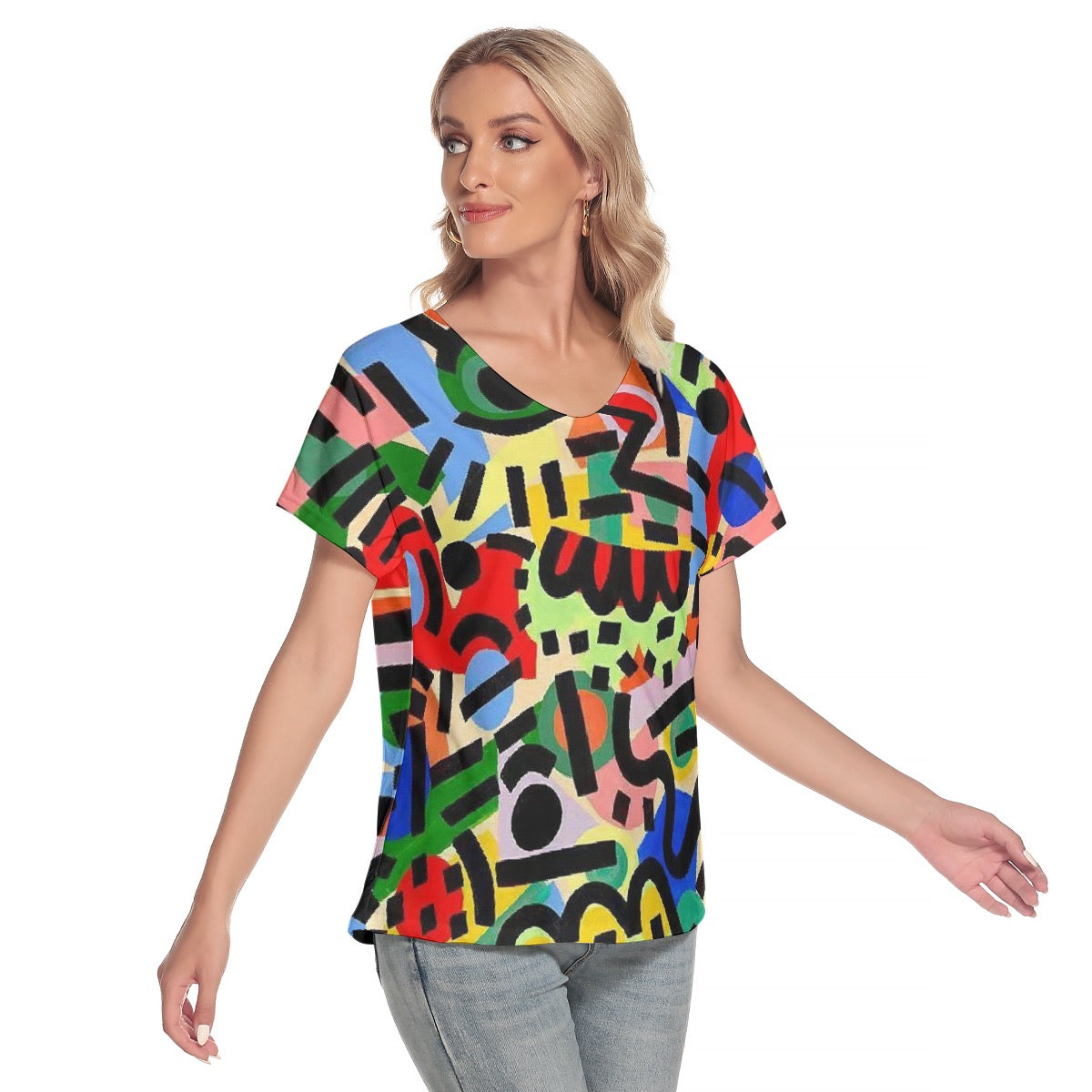 All-Over Print Women's Loose V-neck Short Sleeve T-shirt