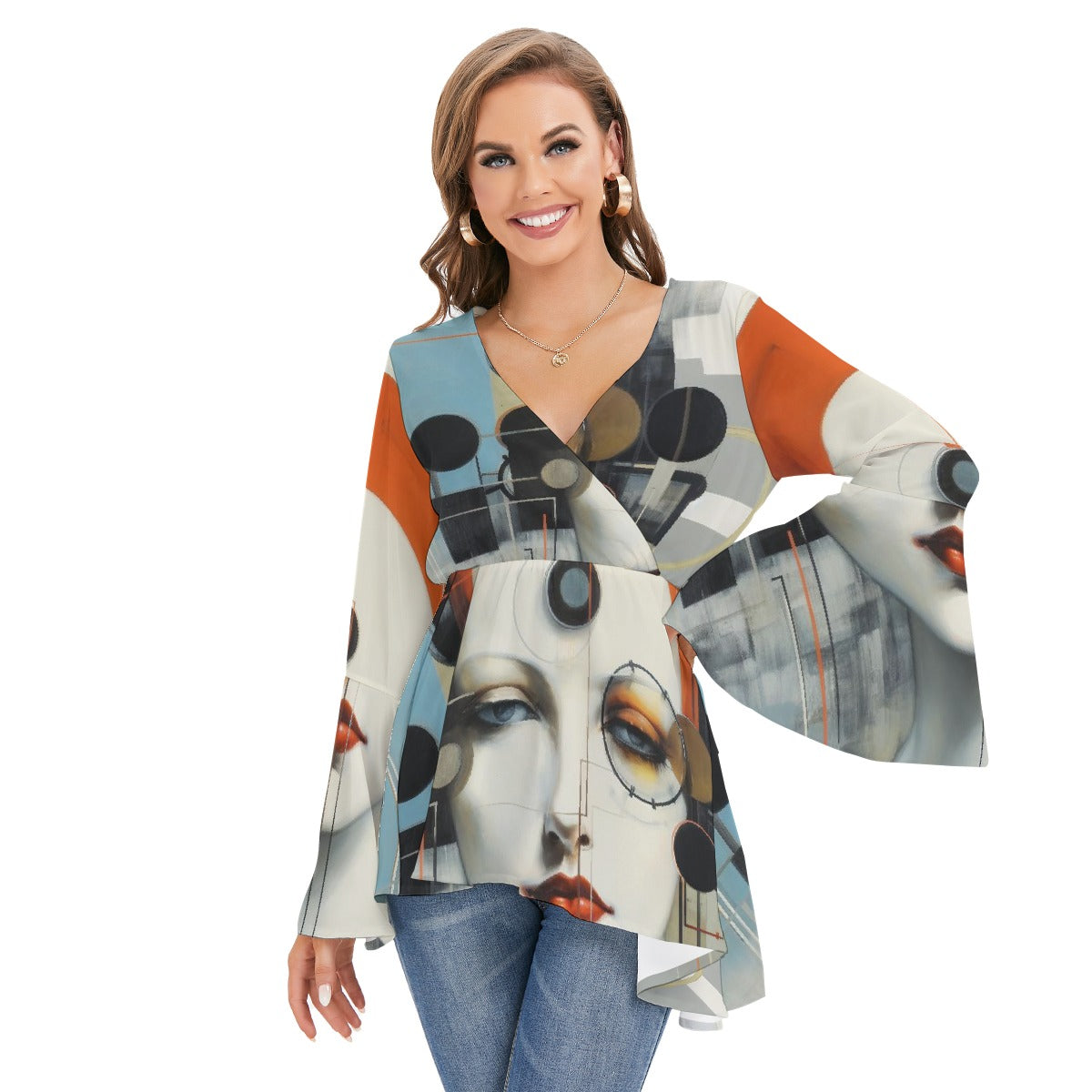 All-Over Print Women's V-neck Blouse With Flared Sleeves