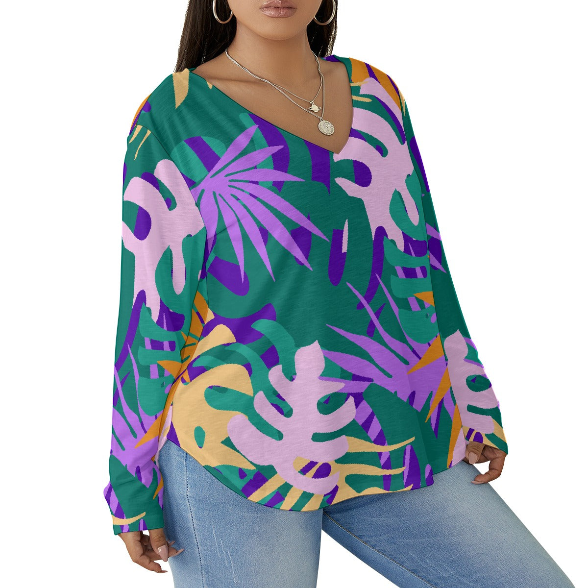 All-Over Print Women's V-neck T-shirt With Curved Hem(Plus Size)