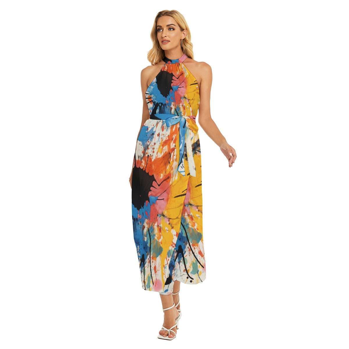 All-Over Print Women's Wrap Hem Belted Halter Dress