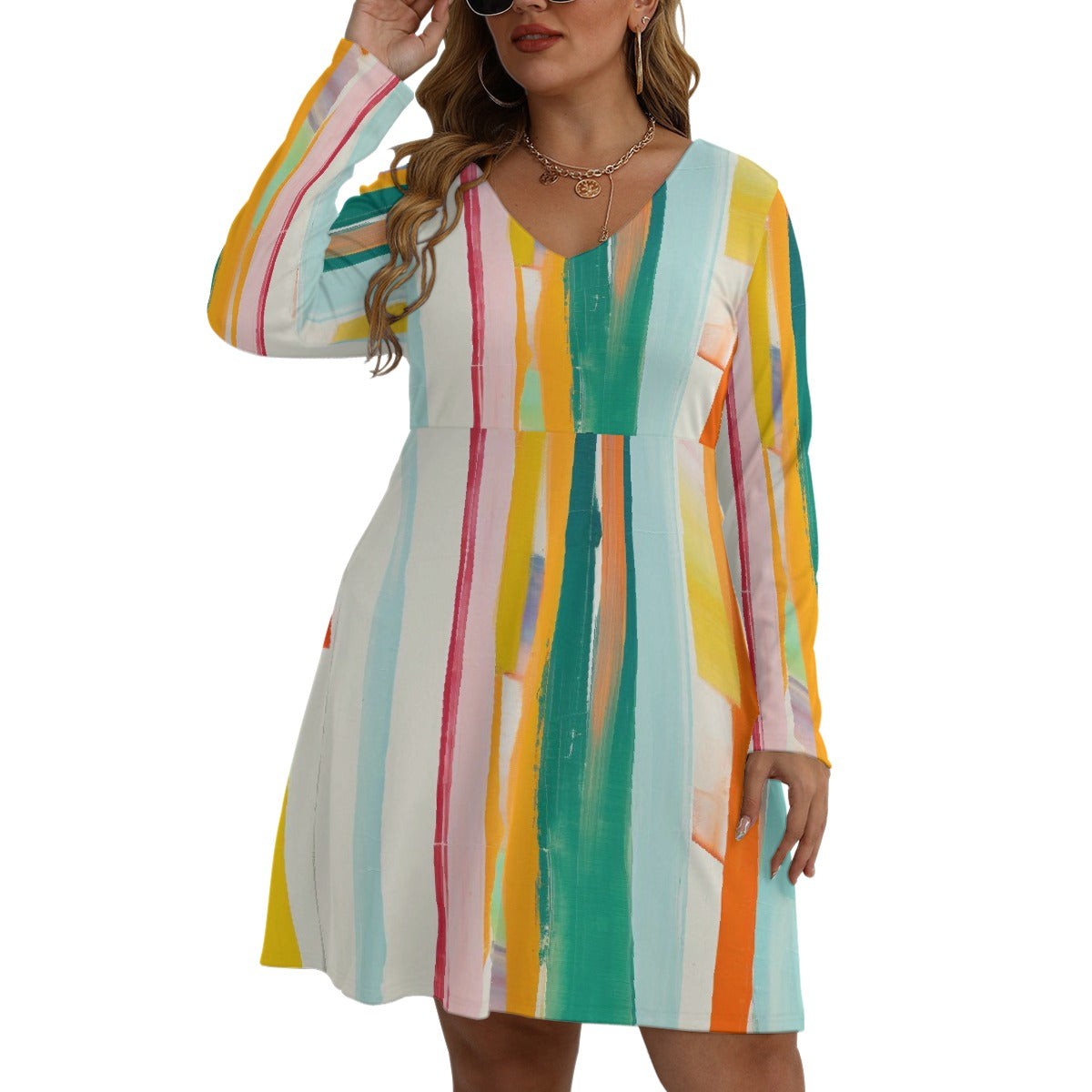 All-Over Print Women's V-neck Long Sleeve Dress(Plus Size)