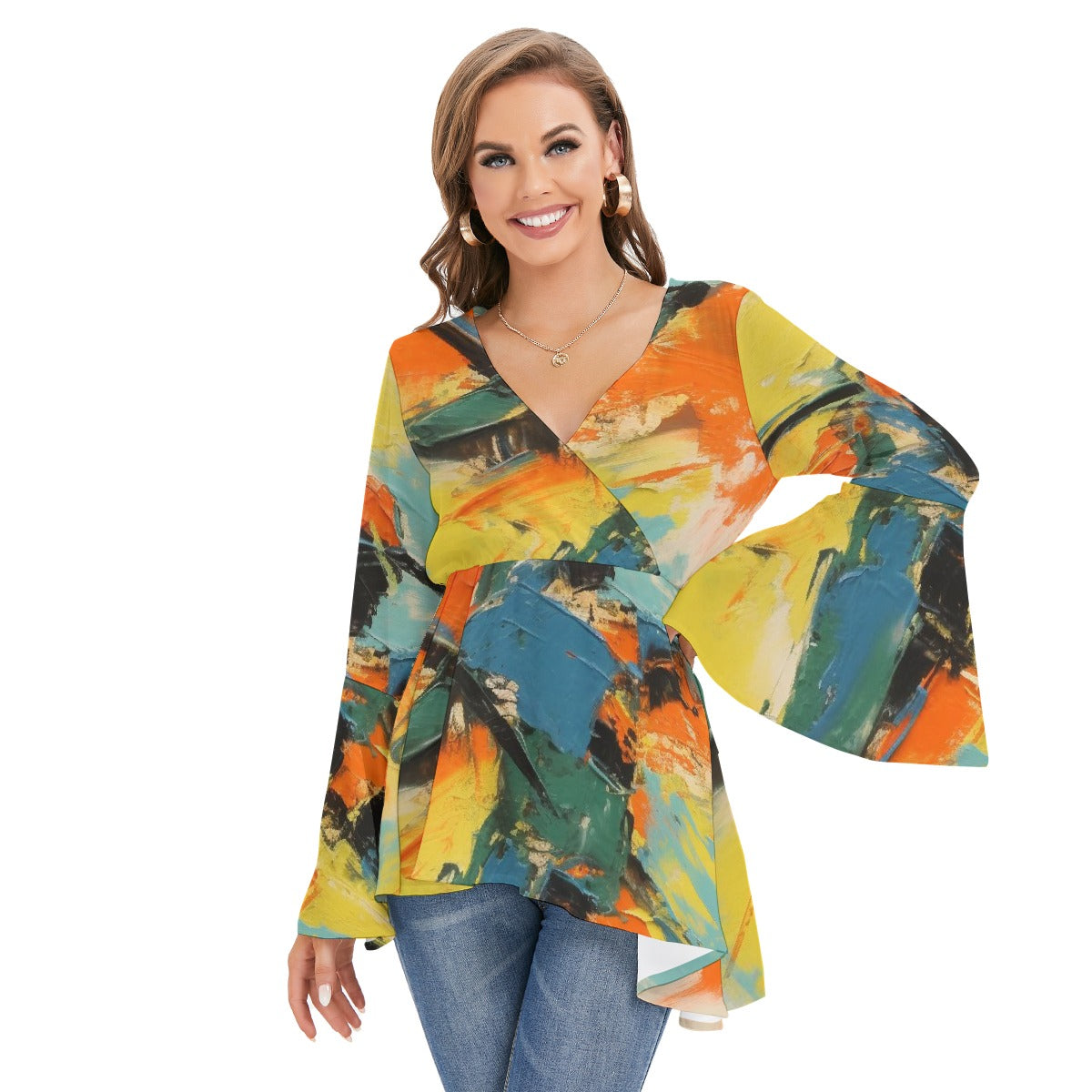 All-Over Print Women's V-neck Blouse With Flared Sleeves