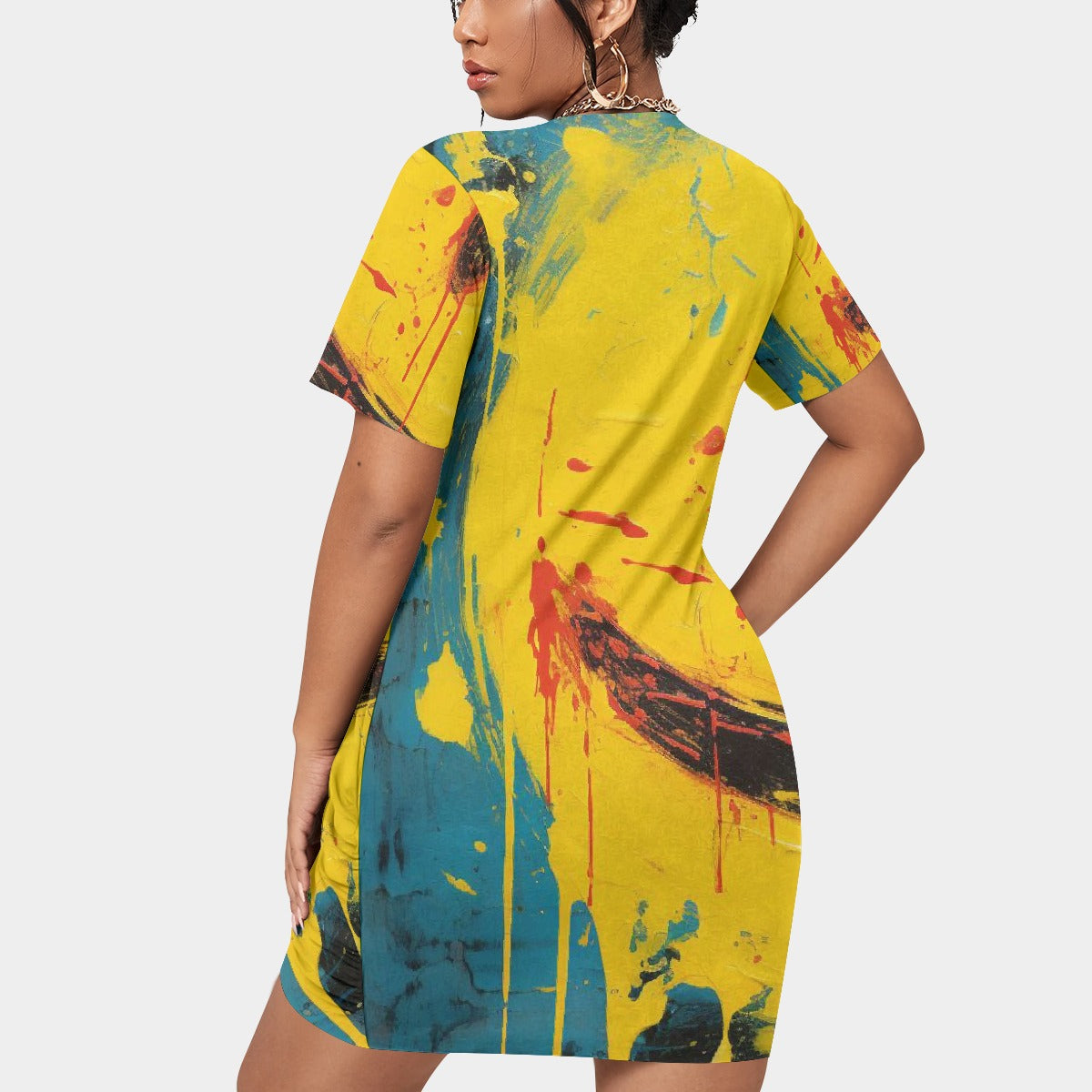 All-Over Print Women’s Stacked Hem Dress With Short Sleeve（Plus Size）