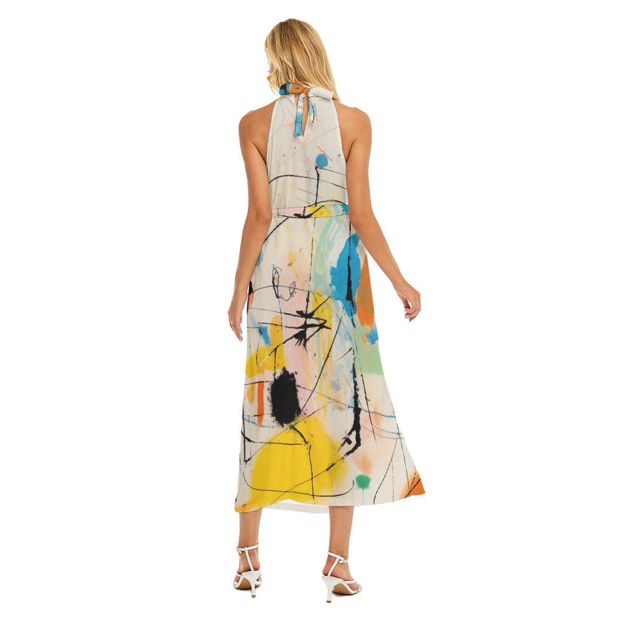 All-Over Print Women's Wrap Hem Belted Halter Dress