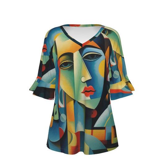 All-Over Print V-neck Women's T-shirt With Bell Sleeve