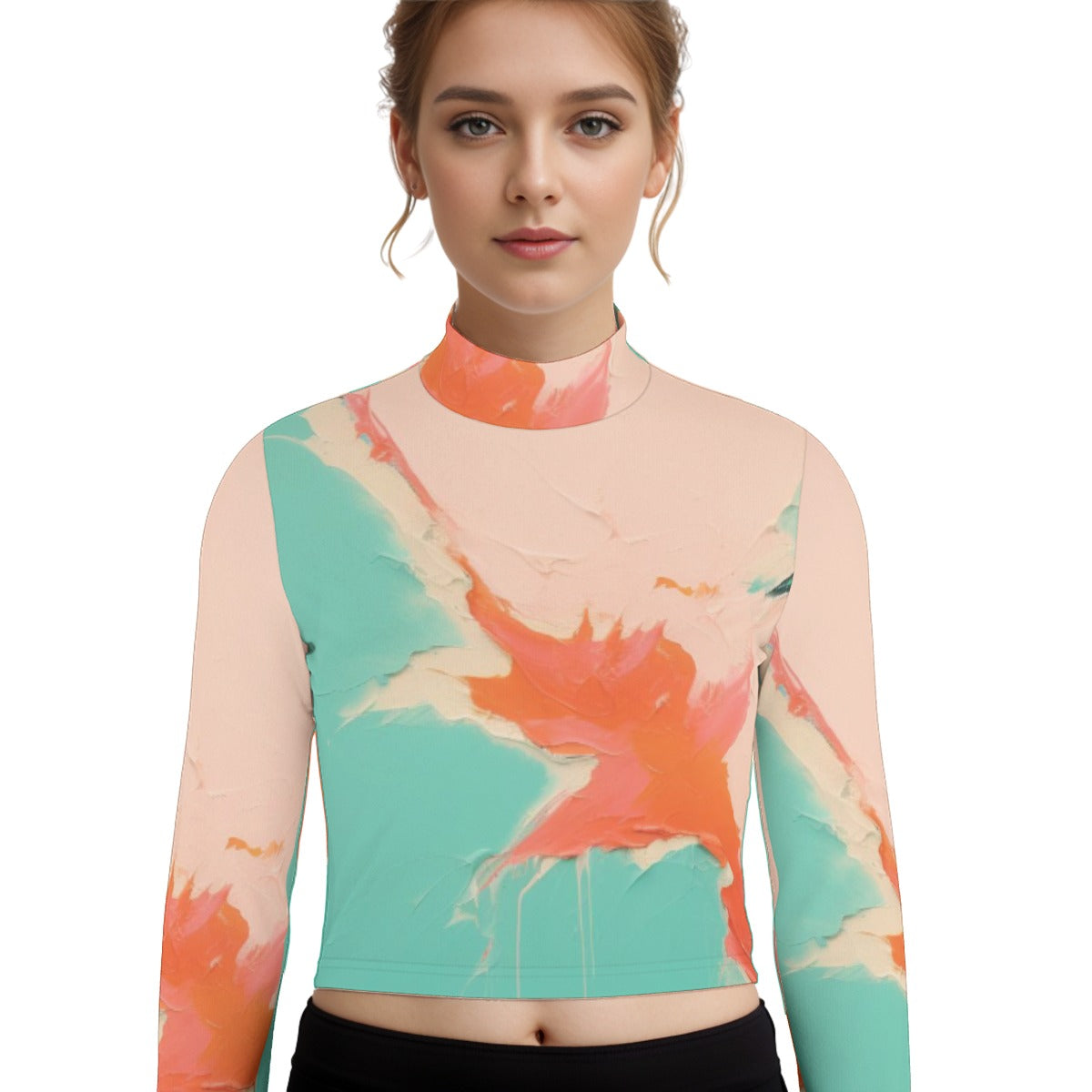 Eco-Friendly All-Over Print Women's Turtleneck T-shirt With Long Sleeve