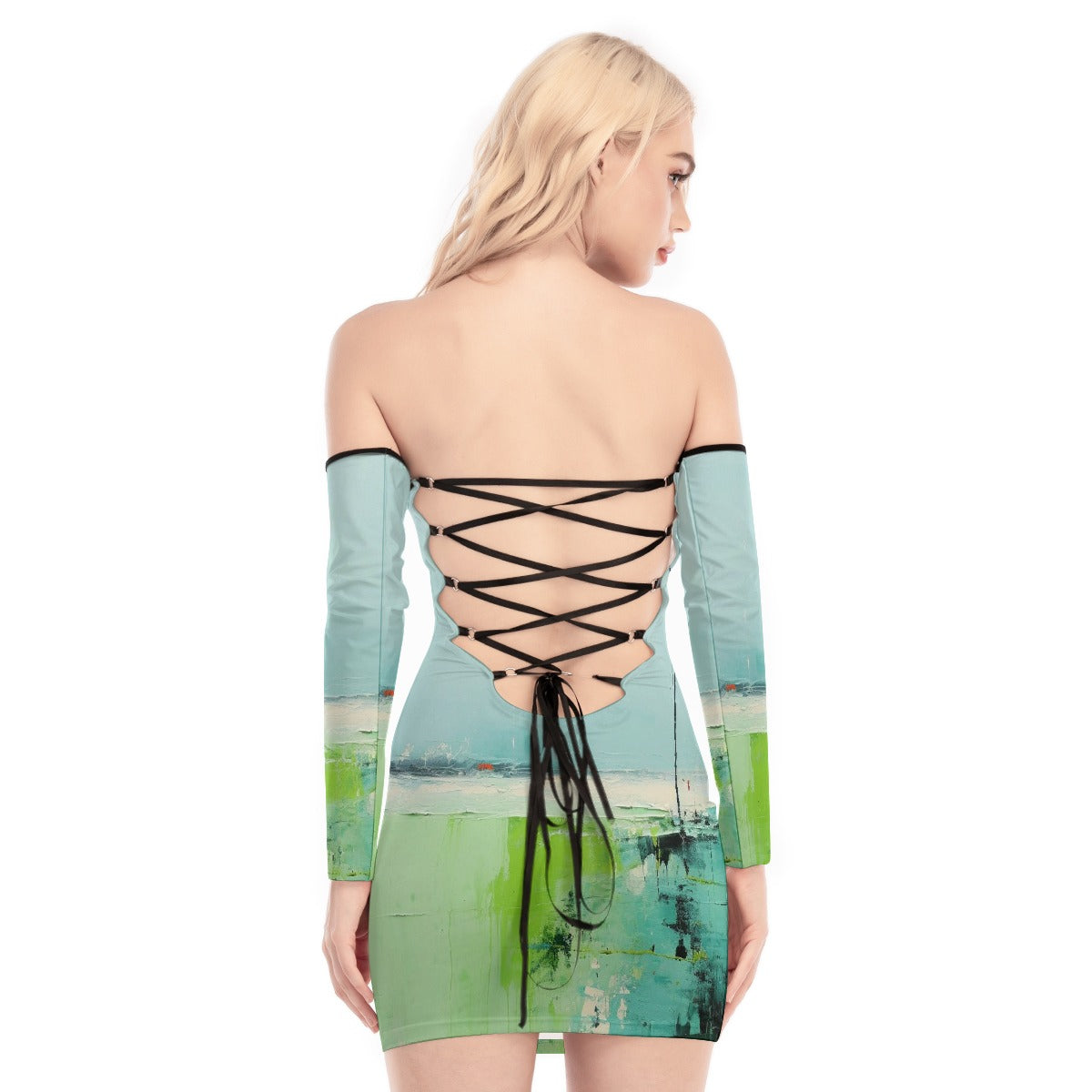 All-Over Print Women's Off-shoulder Back Lace-up Dress