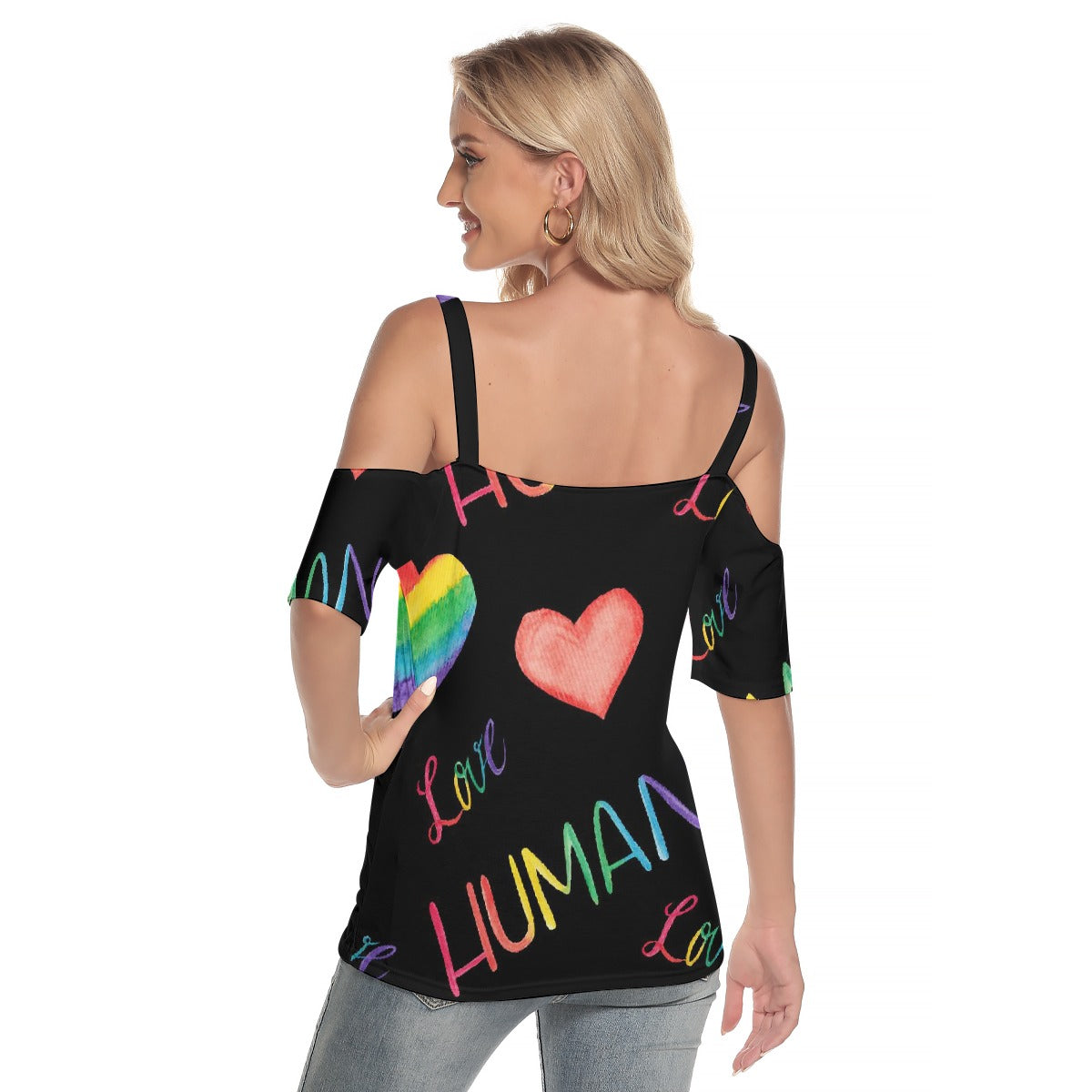 All-Over Print Women's Cold Shoulder T-shirt With Criss Cross Strips