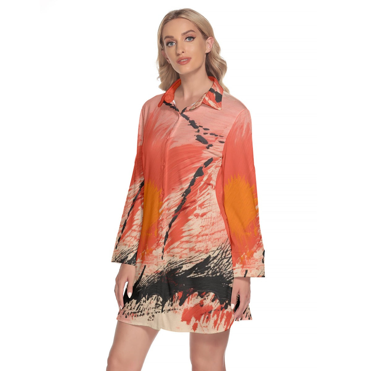 All-Over Print Women's Lapel Shirt Dress With Long Sleeve