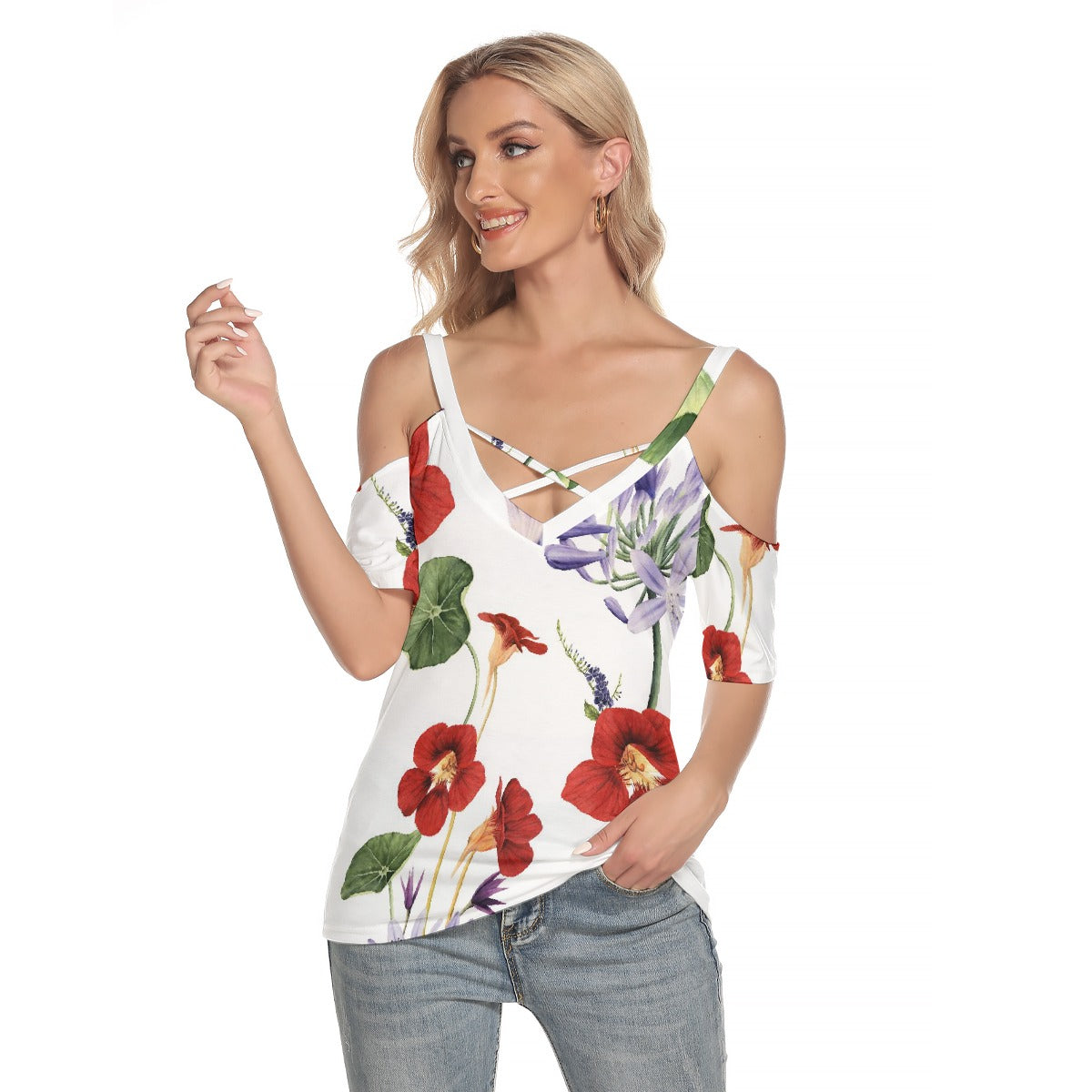 All-Over Print Women's Cold Shoulder T-shirt With Criss Cross Strips