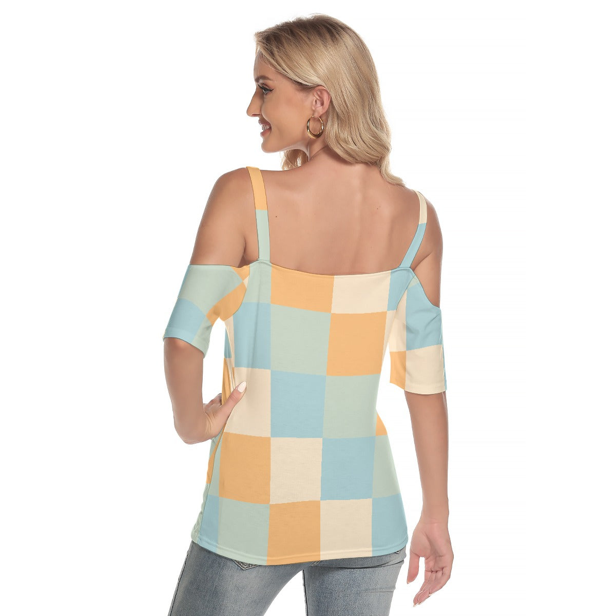 All-Over Print Women's Cold Shoulder T-shirt With Criss Cross Strips