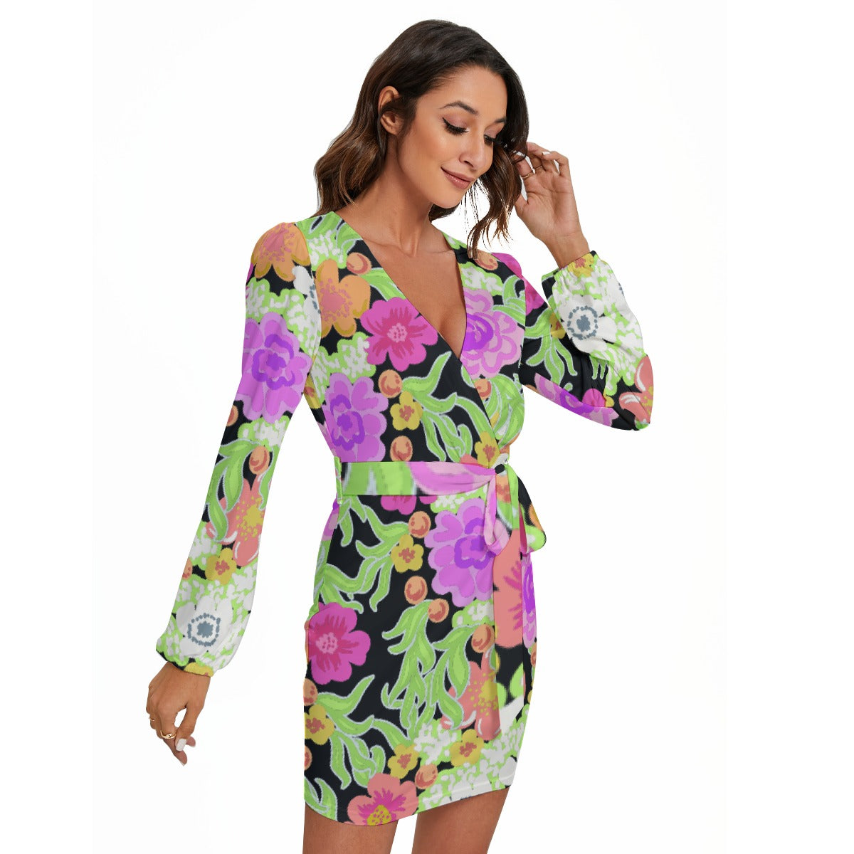 All-Over Print Women's Long Sleeve Dress With Waist Belt