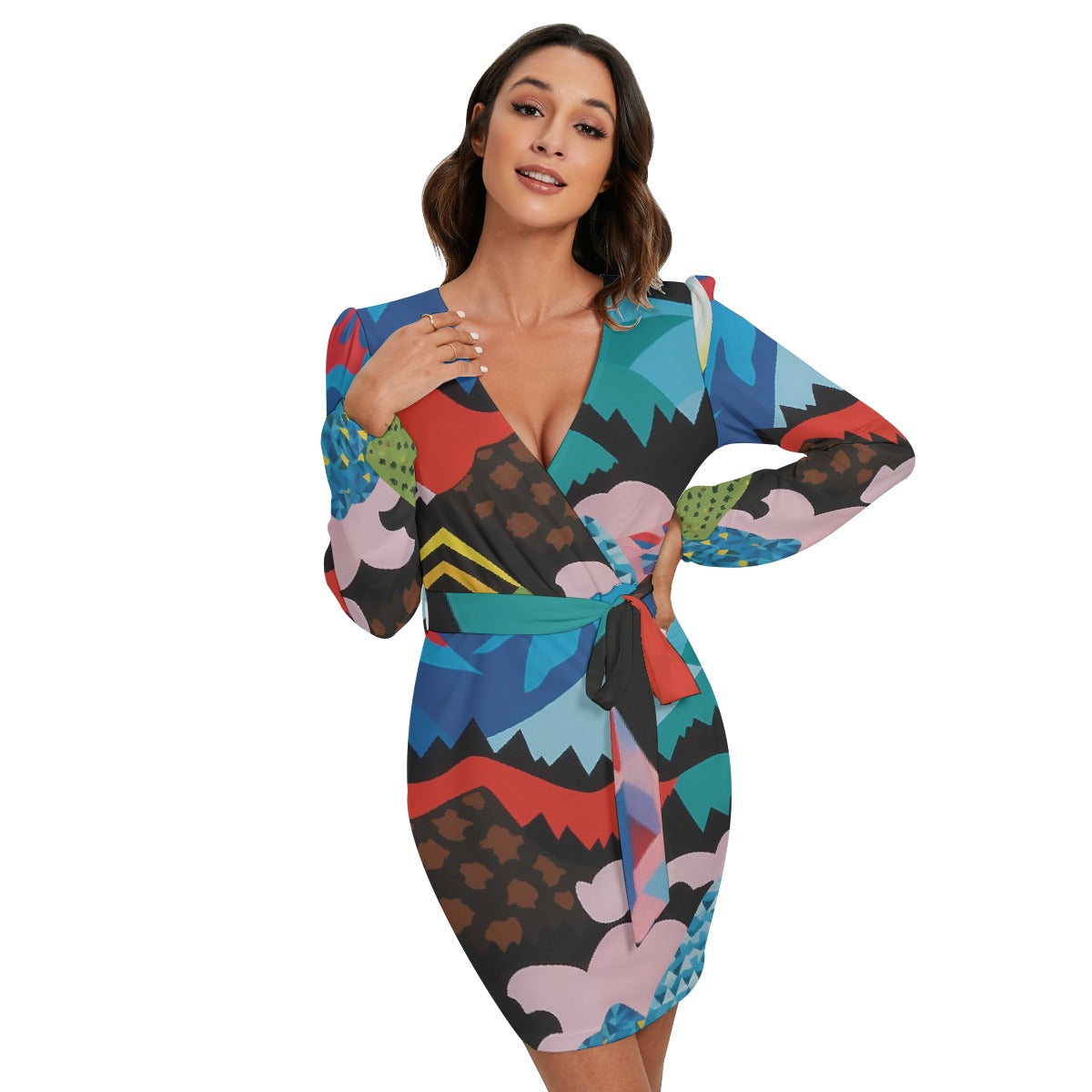 All-Over Print Women's Long Sleeve Dress With Waist Belt