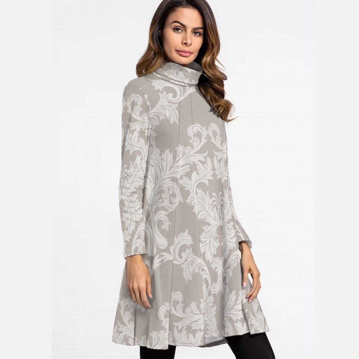 All-Over Print Women's High Neck Dress With Long Sleeve