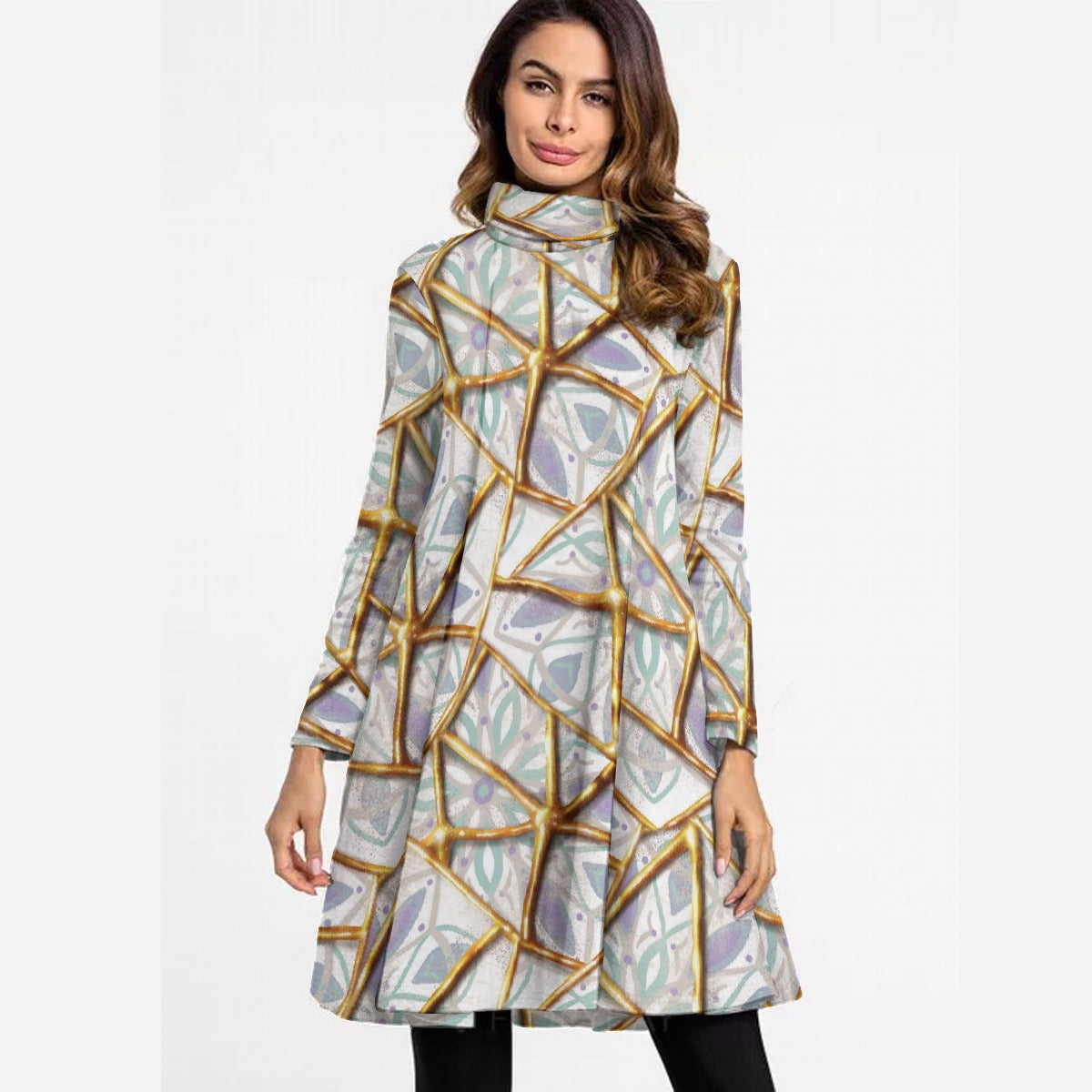 All-Over Print Women's High Neck Dress With Long Sleeve