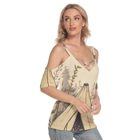 All-Over Print Women's Cold Shoulder T-shirt With Criss Cross Strips