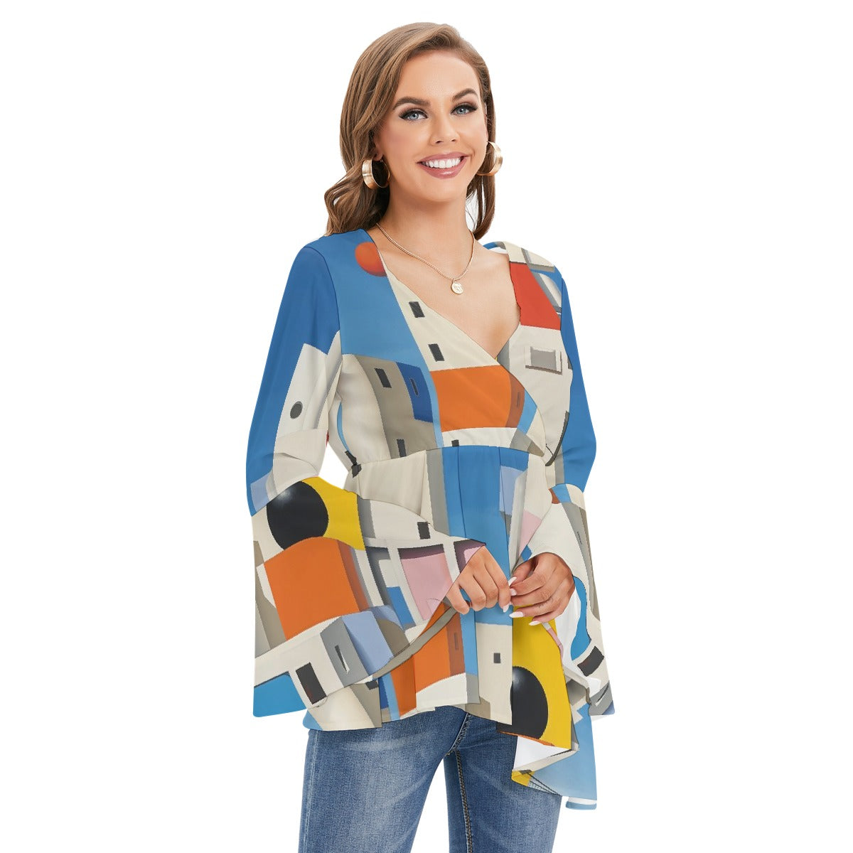 All-Over Print Women's V-neck Blouse With Flared Sleeves