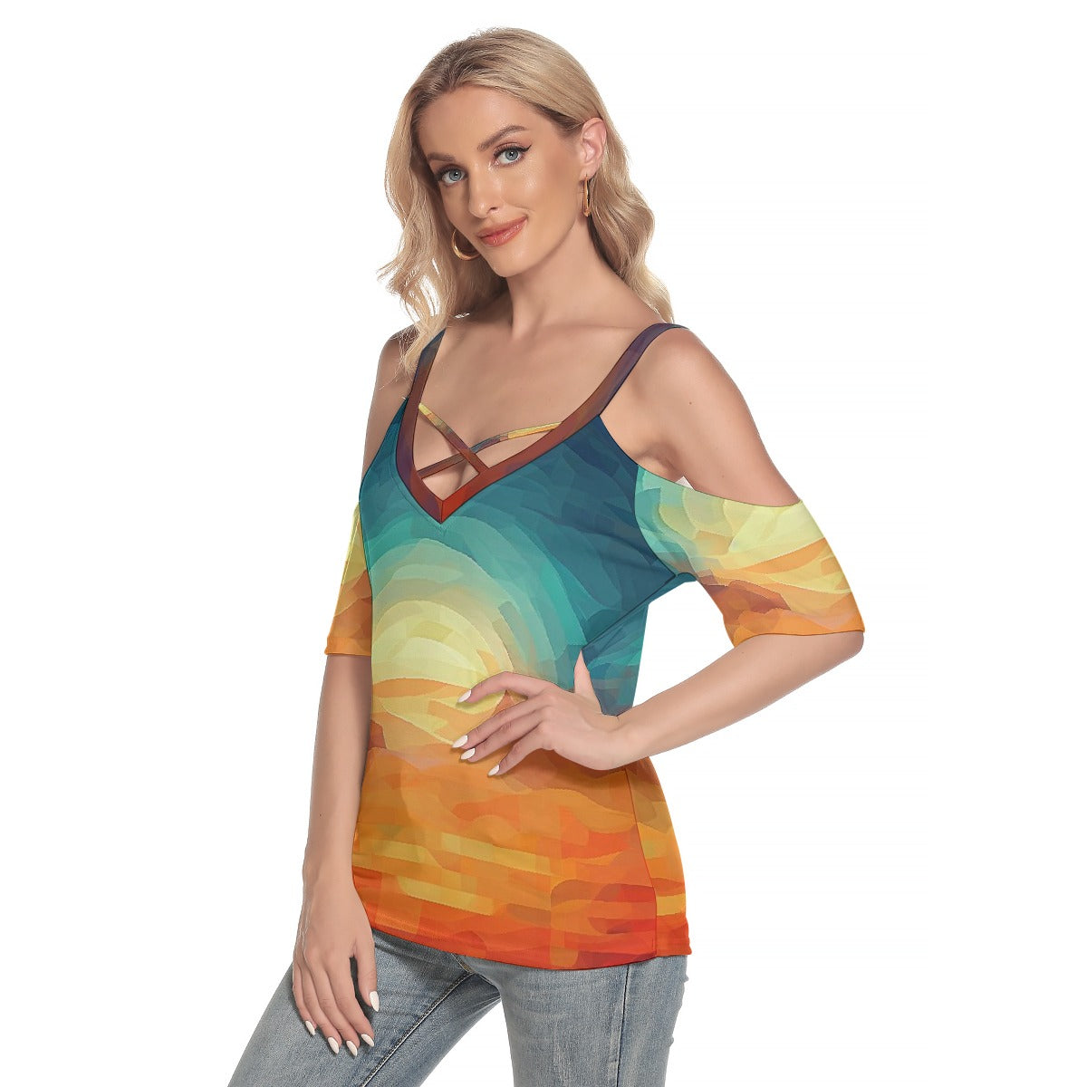 All-Over Print Women's Cold Shoulder T-shirt With Criss Cross Strips