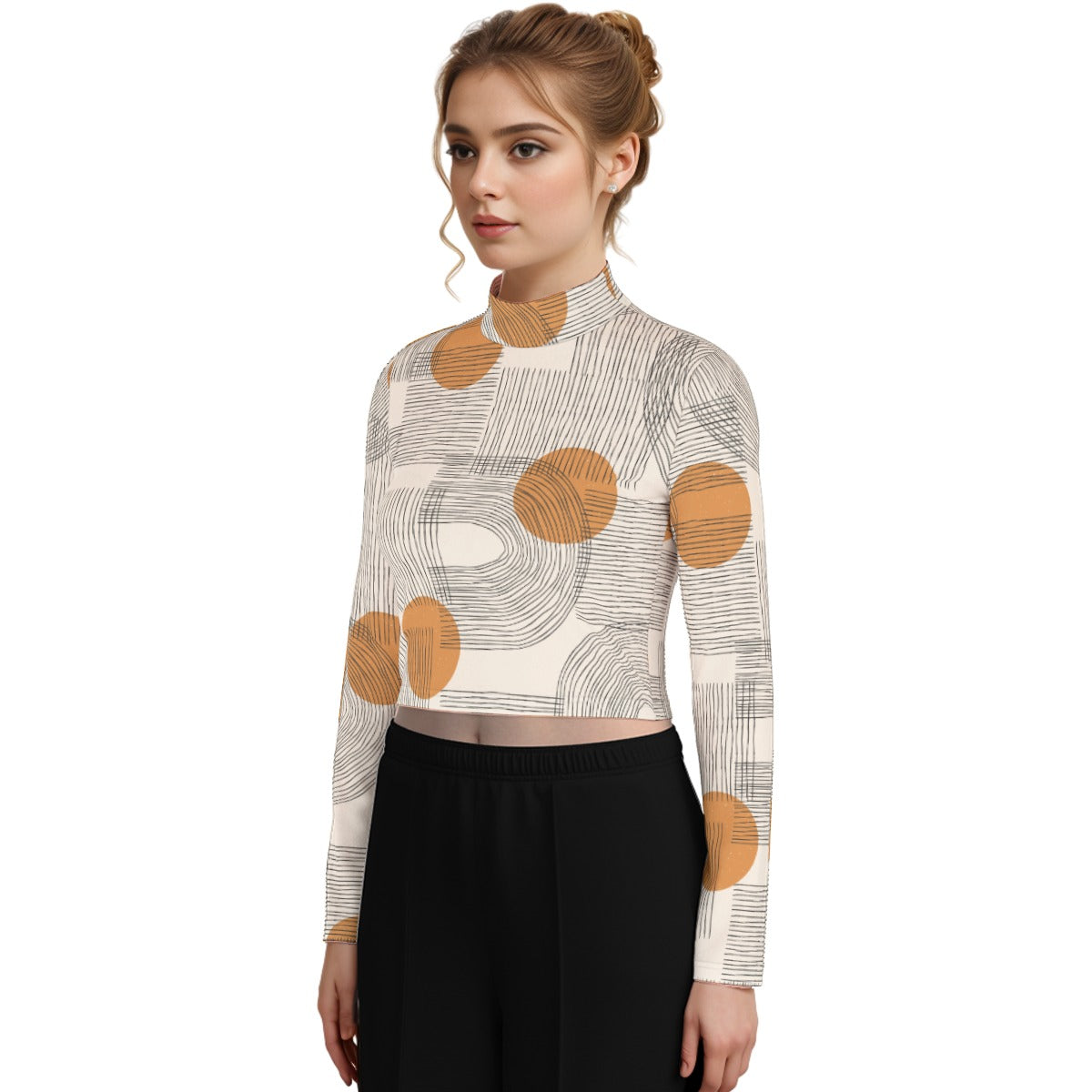 Eco-Friendly All-Over Print Women's Turtleneck T-shirt With Long Sleeve