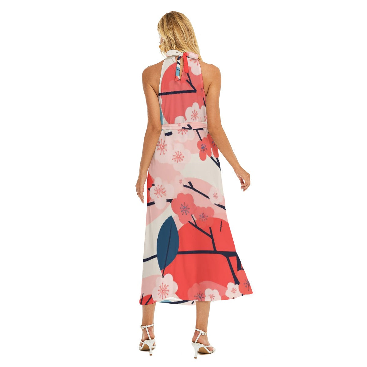 All-Over Print Women's Wrap Hem Belted Halter Dress