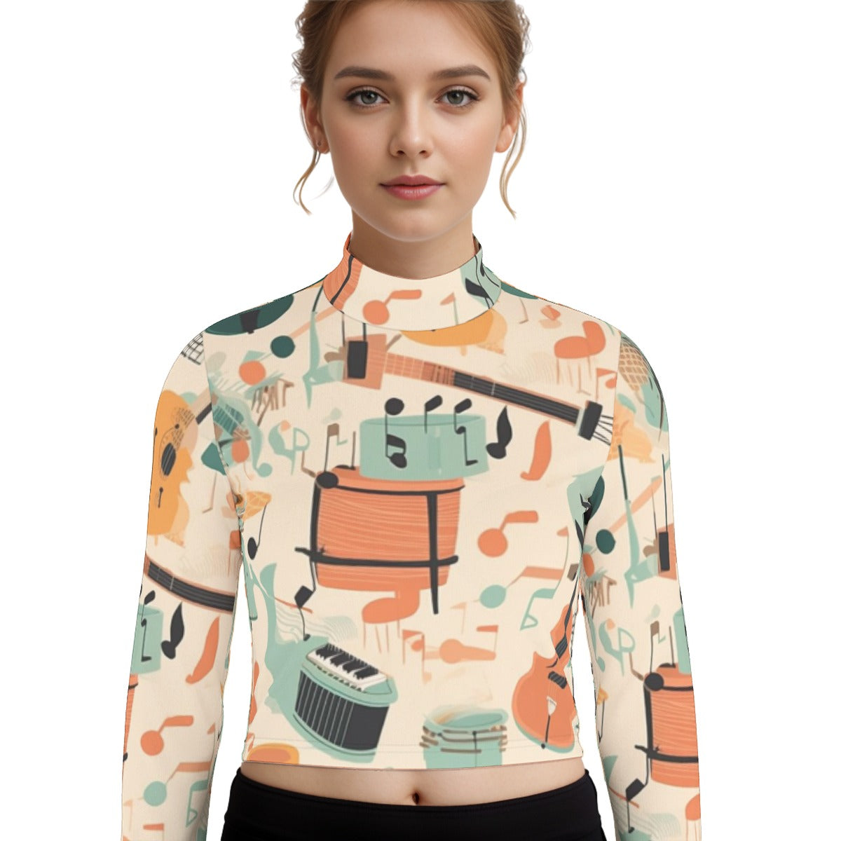 Eco-Friendly All-Over Print Women's Turtleneck T-shirt With Long Sleeve