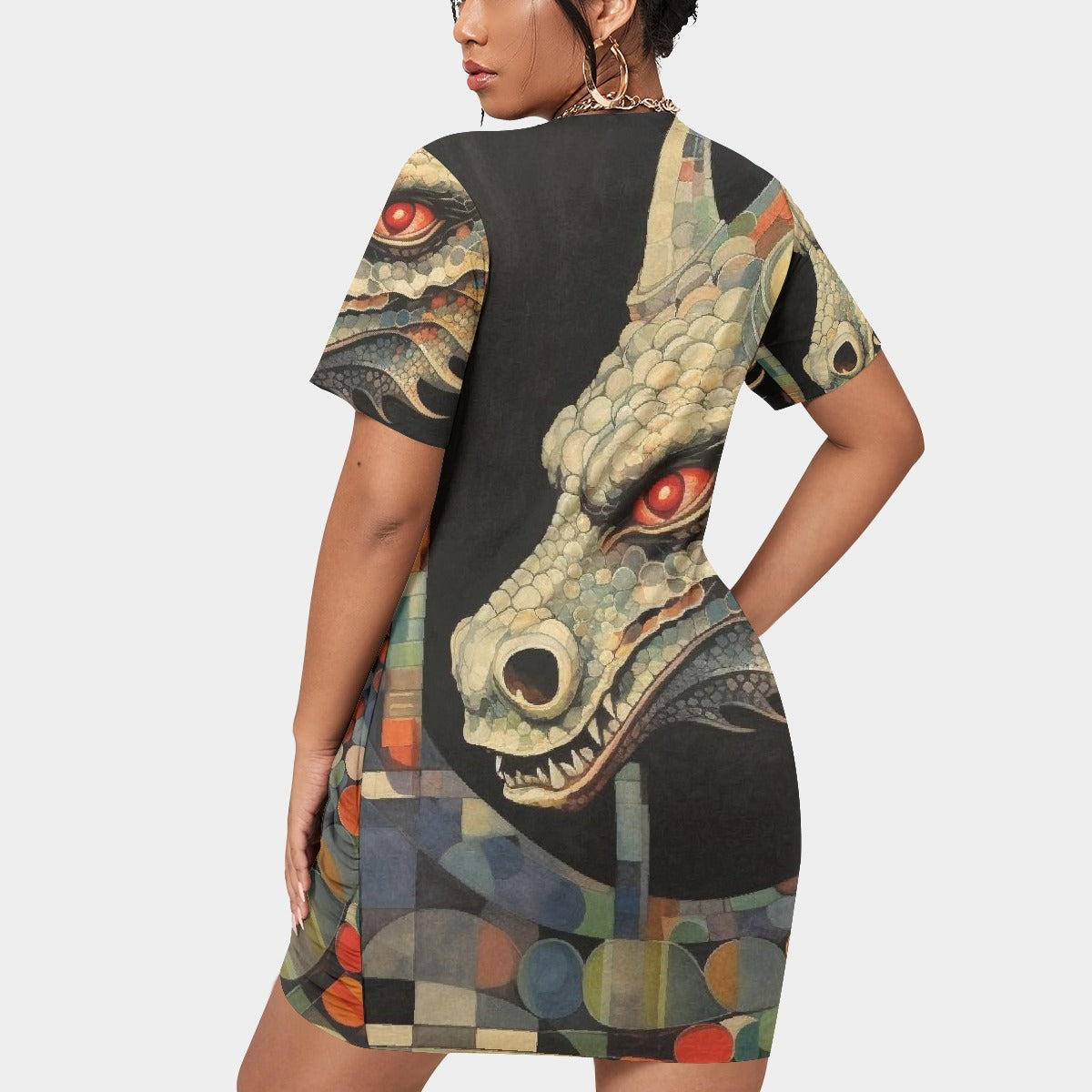 All-Over Print Women’s Stacked Hem Dress With Short Sleeve（Plus Size）